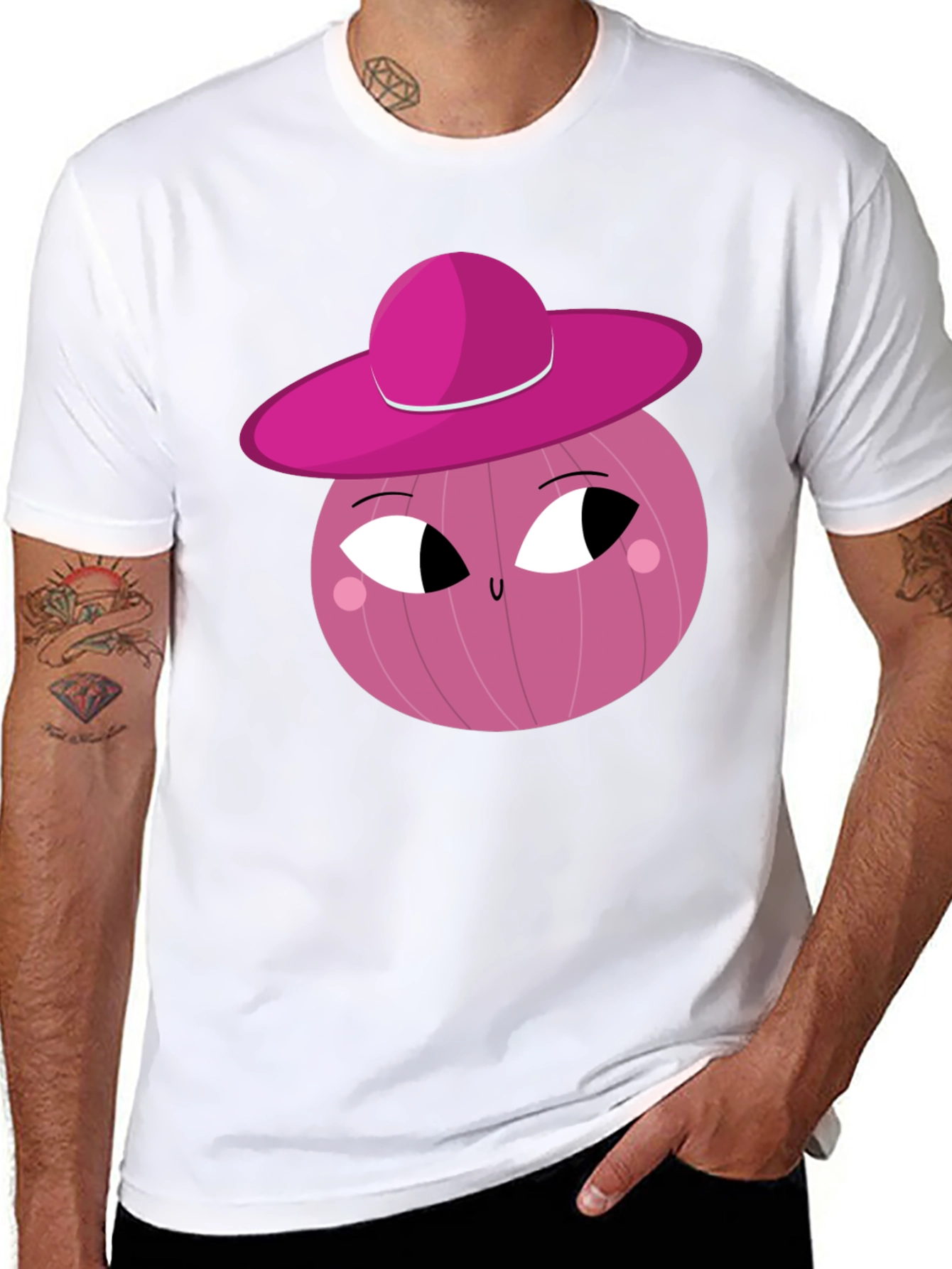 Black Whimsical Pink Onion Character Graphic T-Shirt view 8