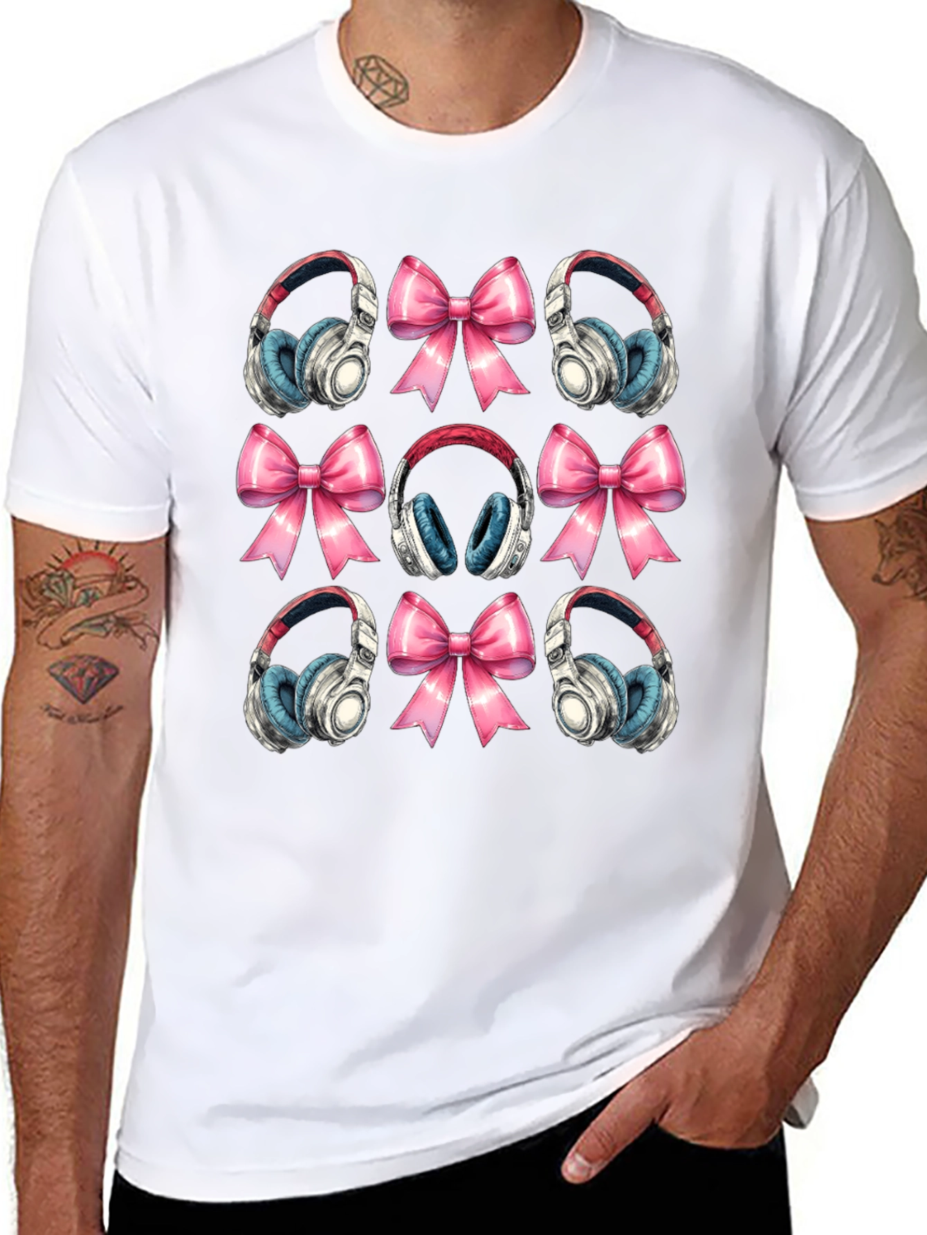 Black Headphones and Bows Pattern T-Shirt view 8