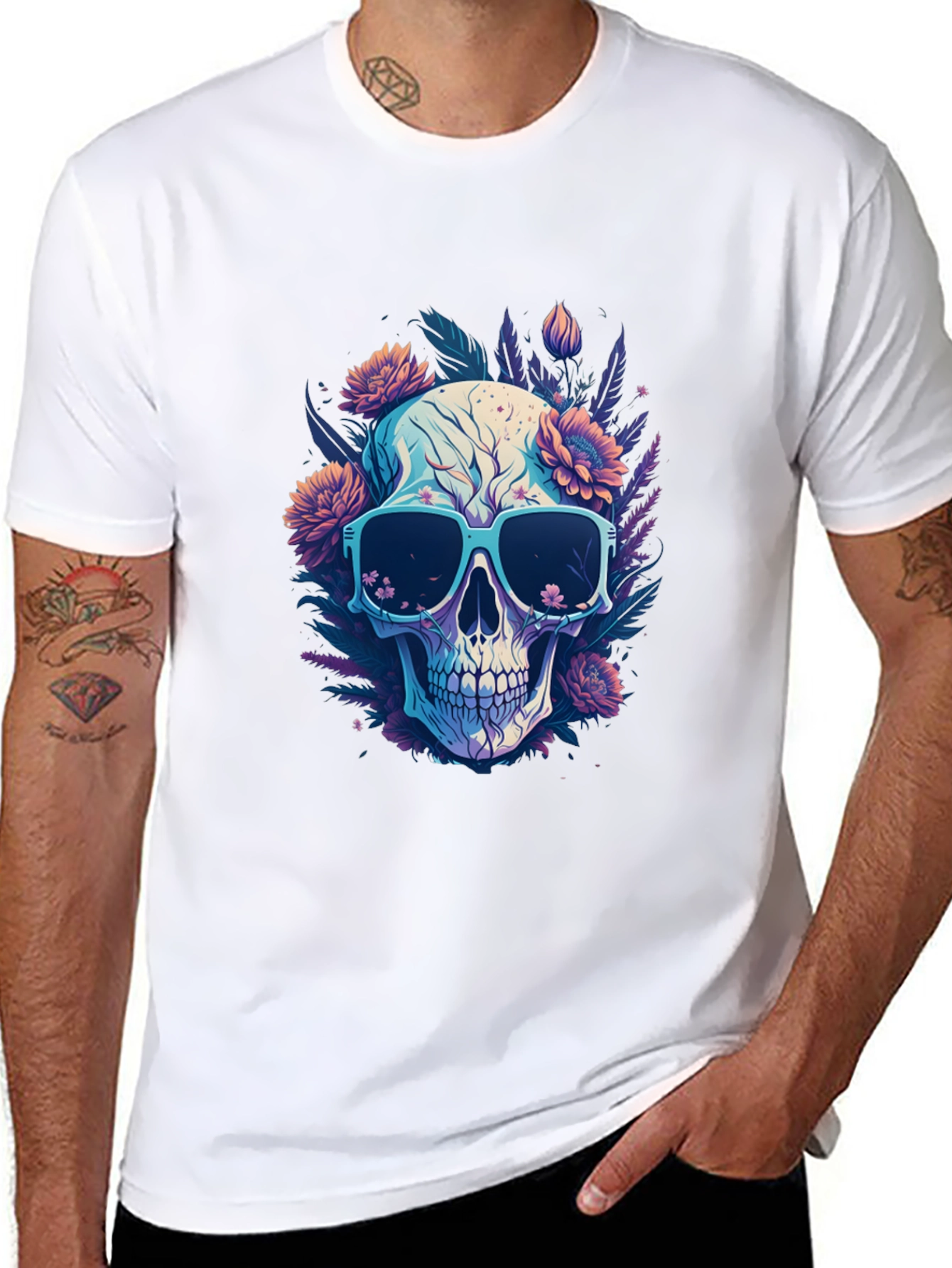 Black Skull and Flowers Graphic T-Shirt - Cool Style view 8