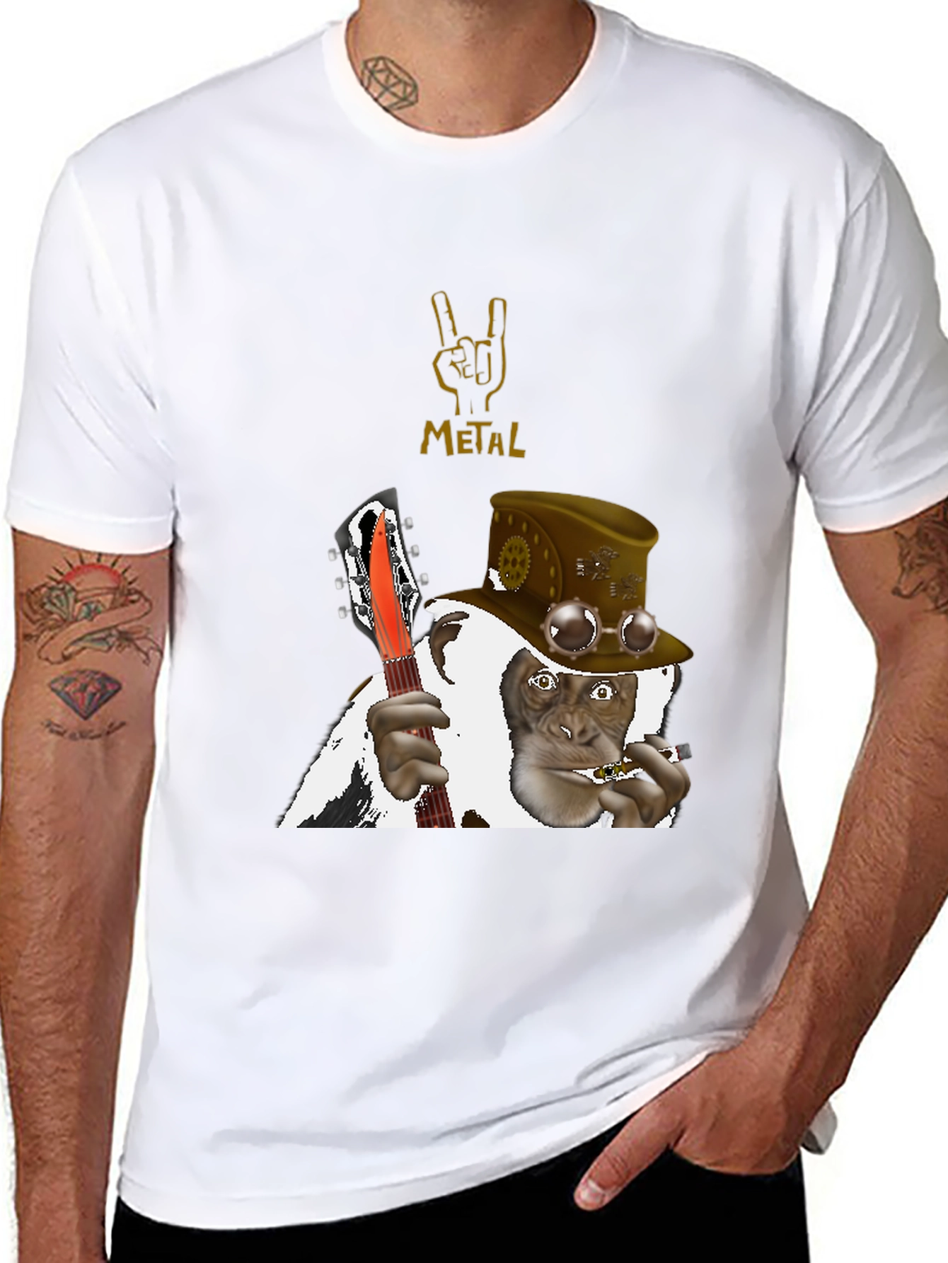 Black Steampunk Monkey Guitarist T-Shirt view 8