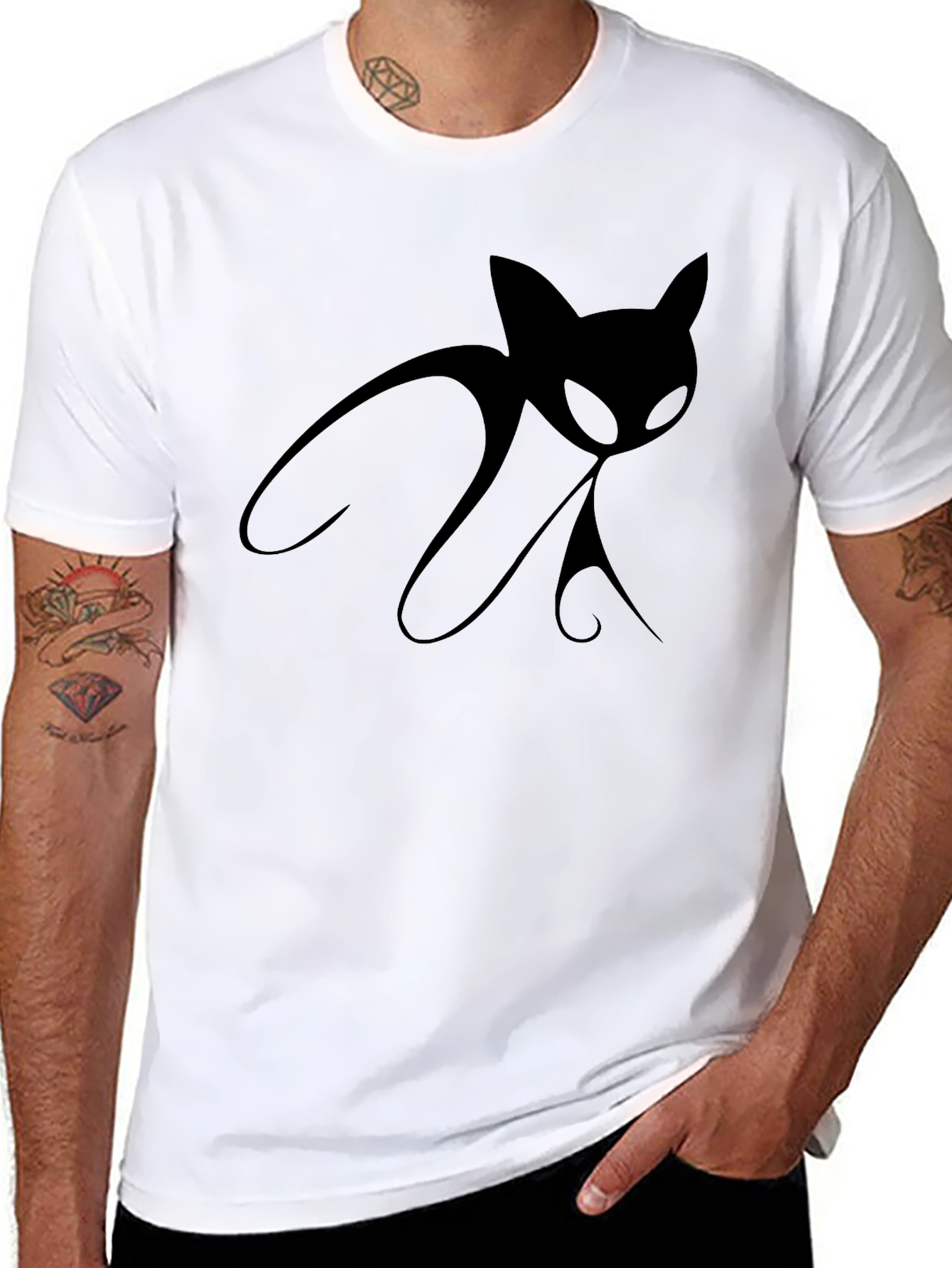 Black Men's Black T-Shirt with Stylized Cat Design view 8