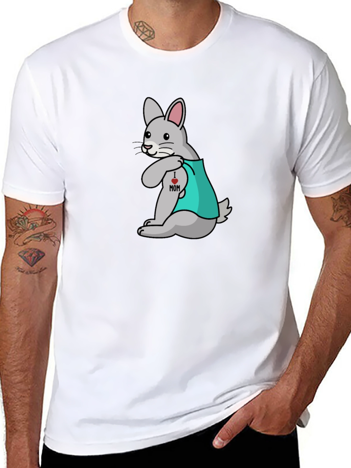 Black Funny Tattooed Rabbit Graphic T-Shirt view 8