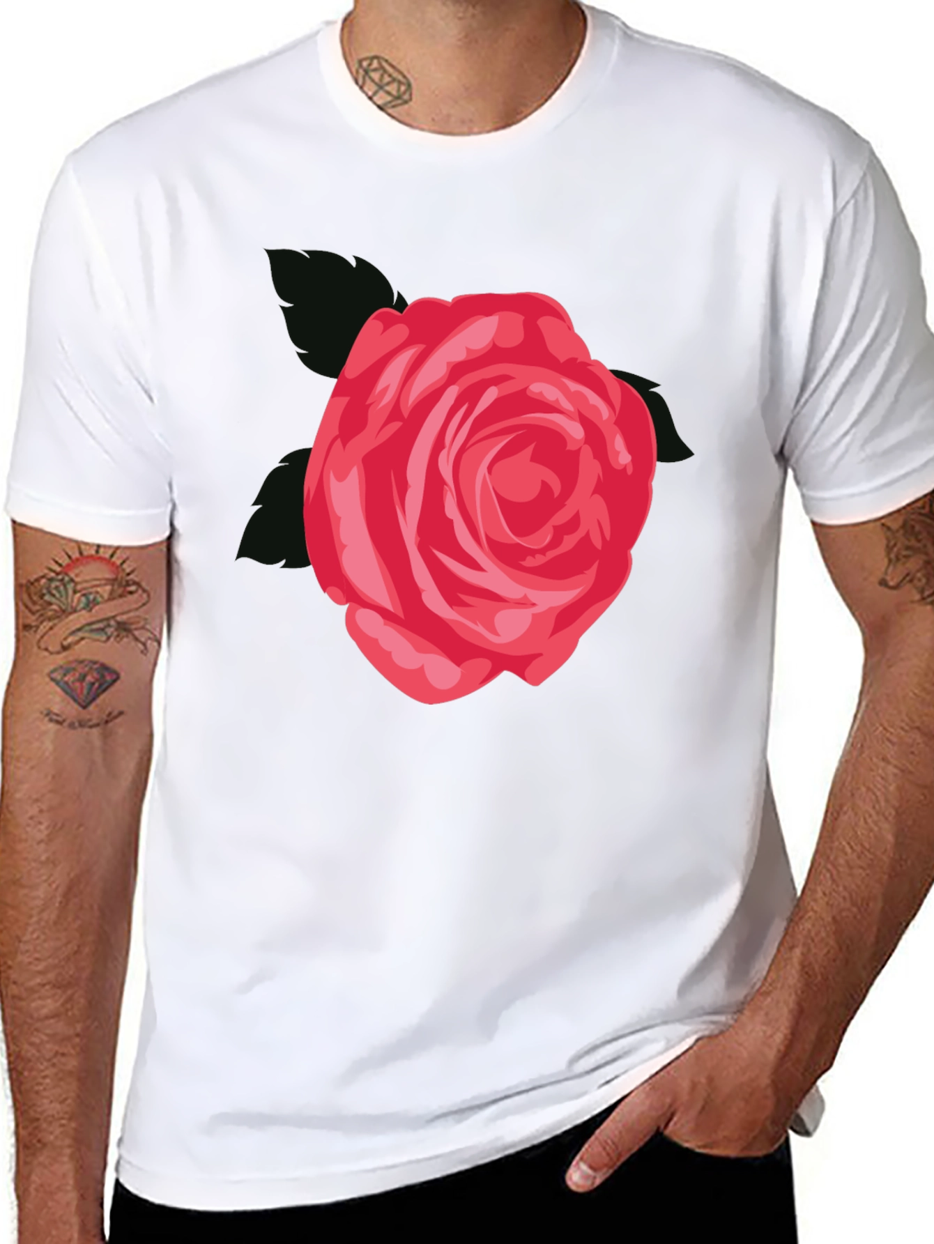 Black Men's Black T-Shirt with Red Rose Graphic view 8