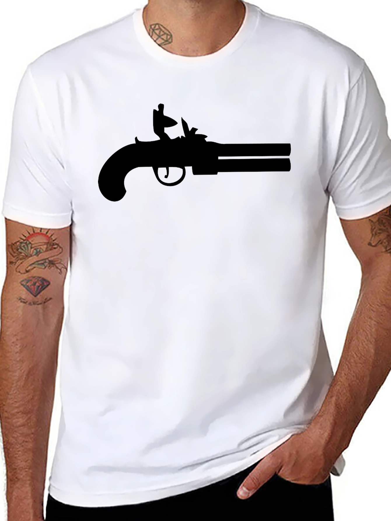 Black Double Barrel Pistol Graphic Tee - Black Cotton T-Shirt view 8