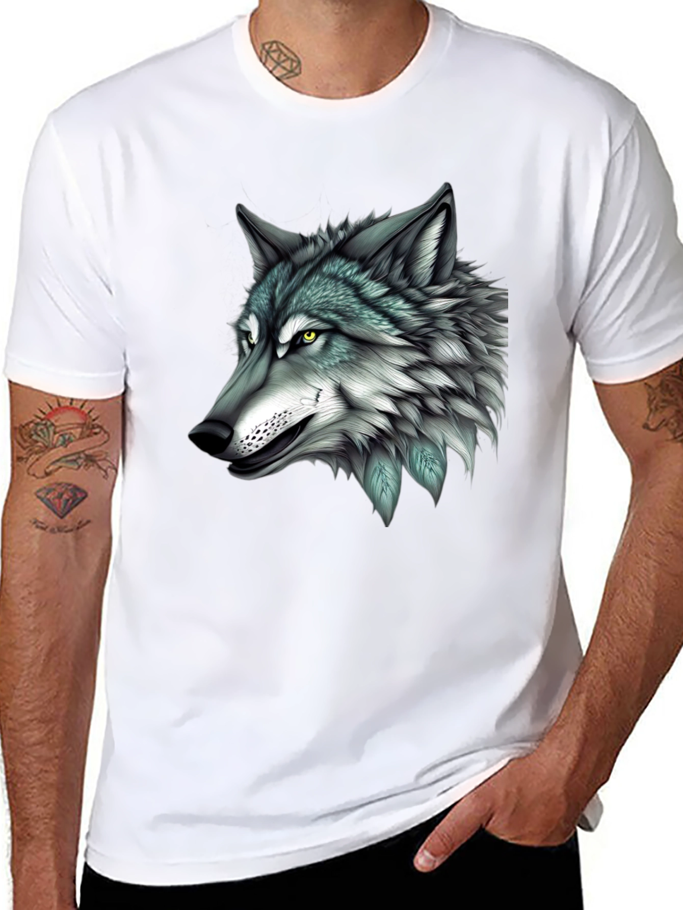 Black Wolf Graphic Print Black T-Shirt for Men view 8