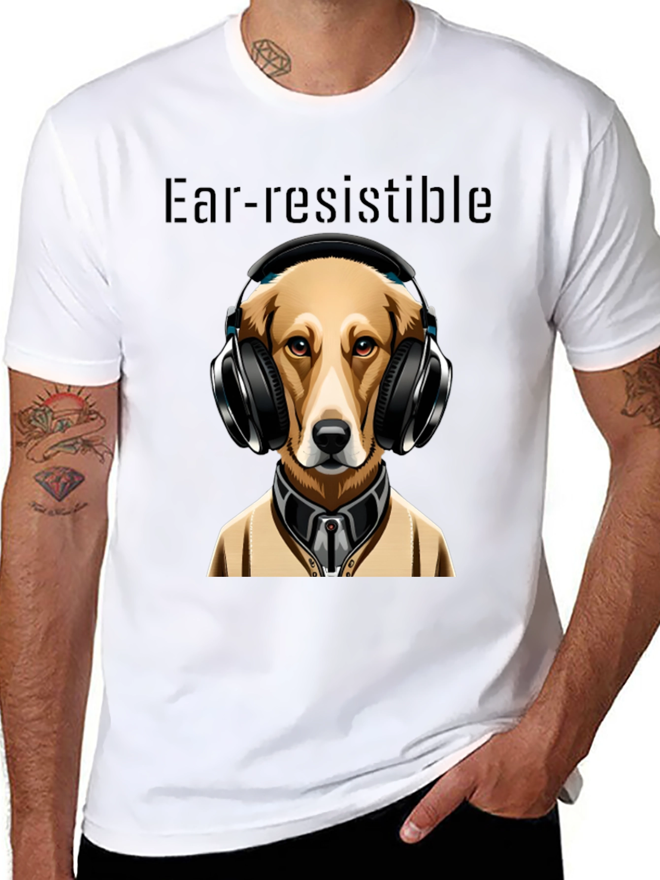 Black Ear-resistible Dog Headphones Graphic Tee view 8