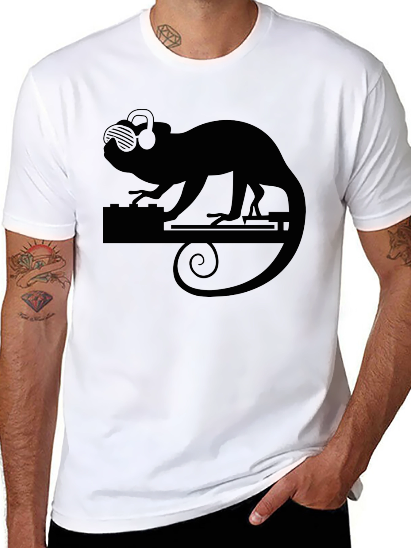 Black DJ Chameleon Black T-Shirt - Cool Party Animal Design view 8