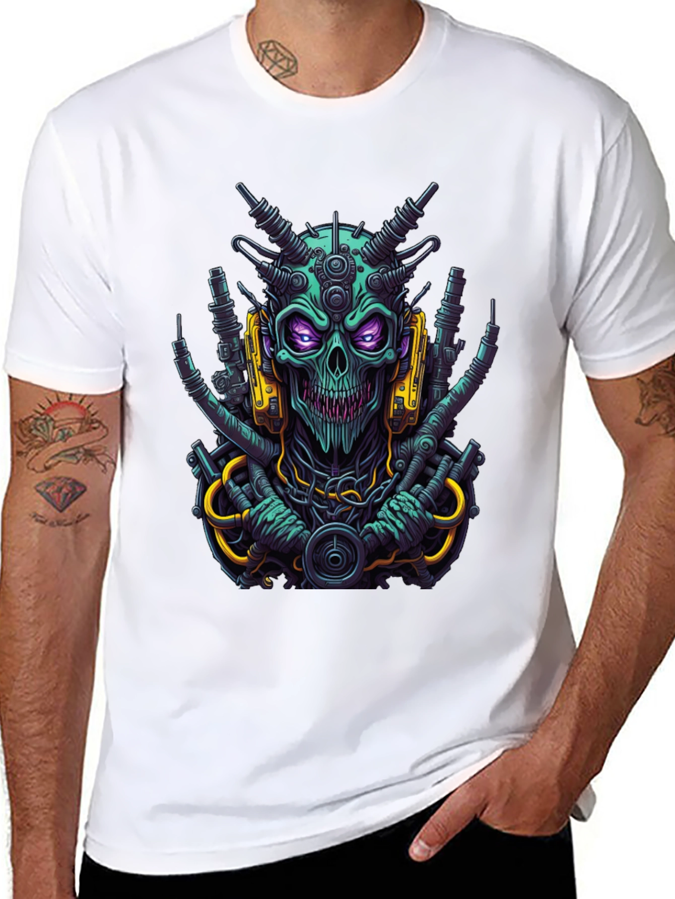 Black Cyberpunk Skull T-Shirt - Bold Sci-Fi Style view 8