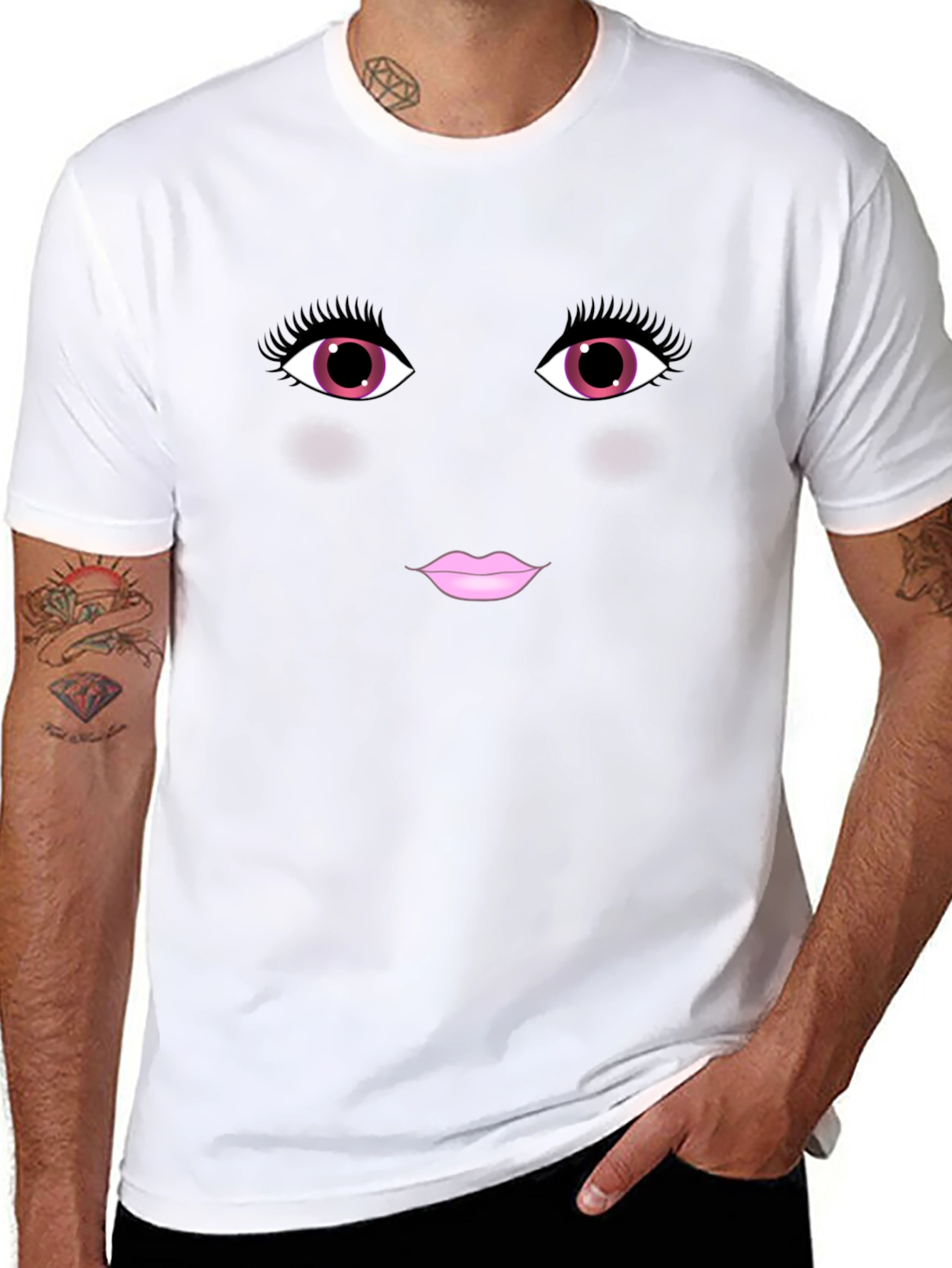 Black Funny Face Graphic Tee - Pink Eyes Lips Black Shirt view 8