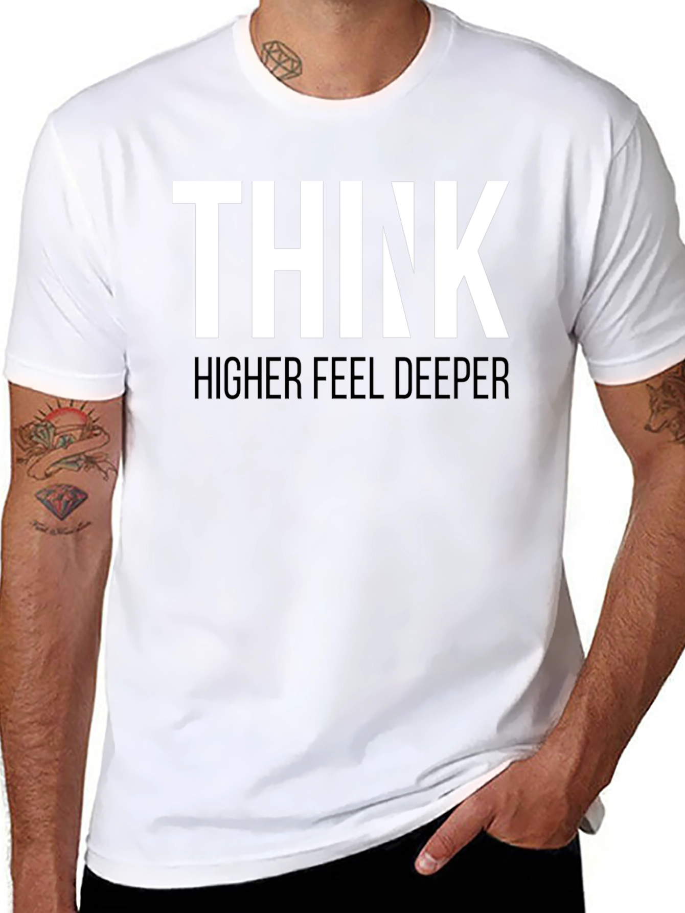 Black Think Higher Feel Deeper Graphic Tee view 8