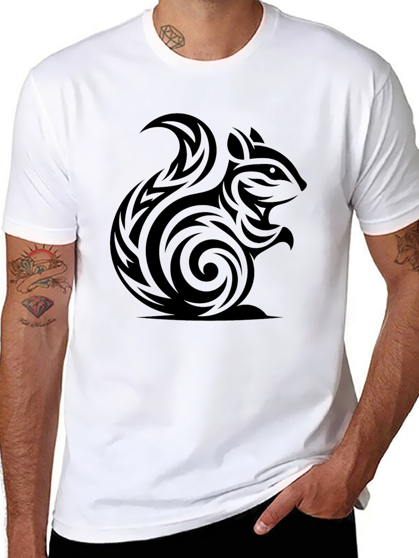Black Tribal Squirrel Tee - Black Cotton Graphic T-Shirt view 8