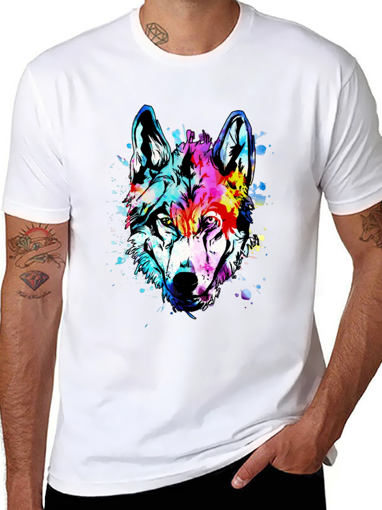 Black Vivid Wolf Graphic Tee - Men's Black Cotton T-Shirt view 8