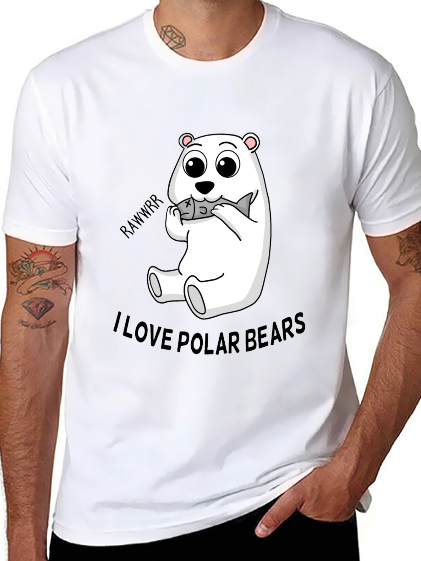 Black Cute Polar Bear Eating Fish Black T-Shirt view 8