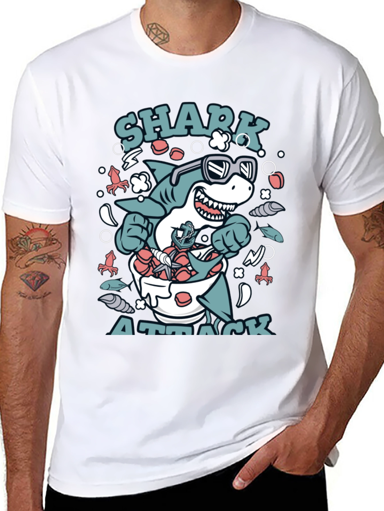 Shark Attack T-Shirt, Novelty Graphic Tee - 8