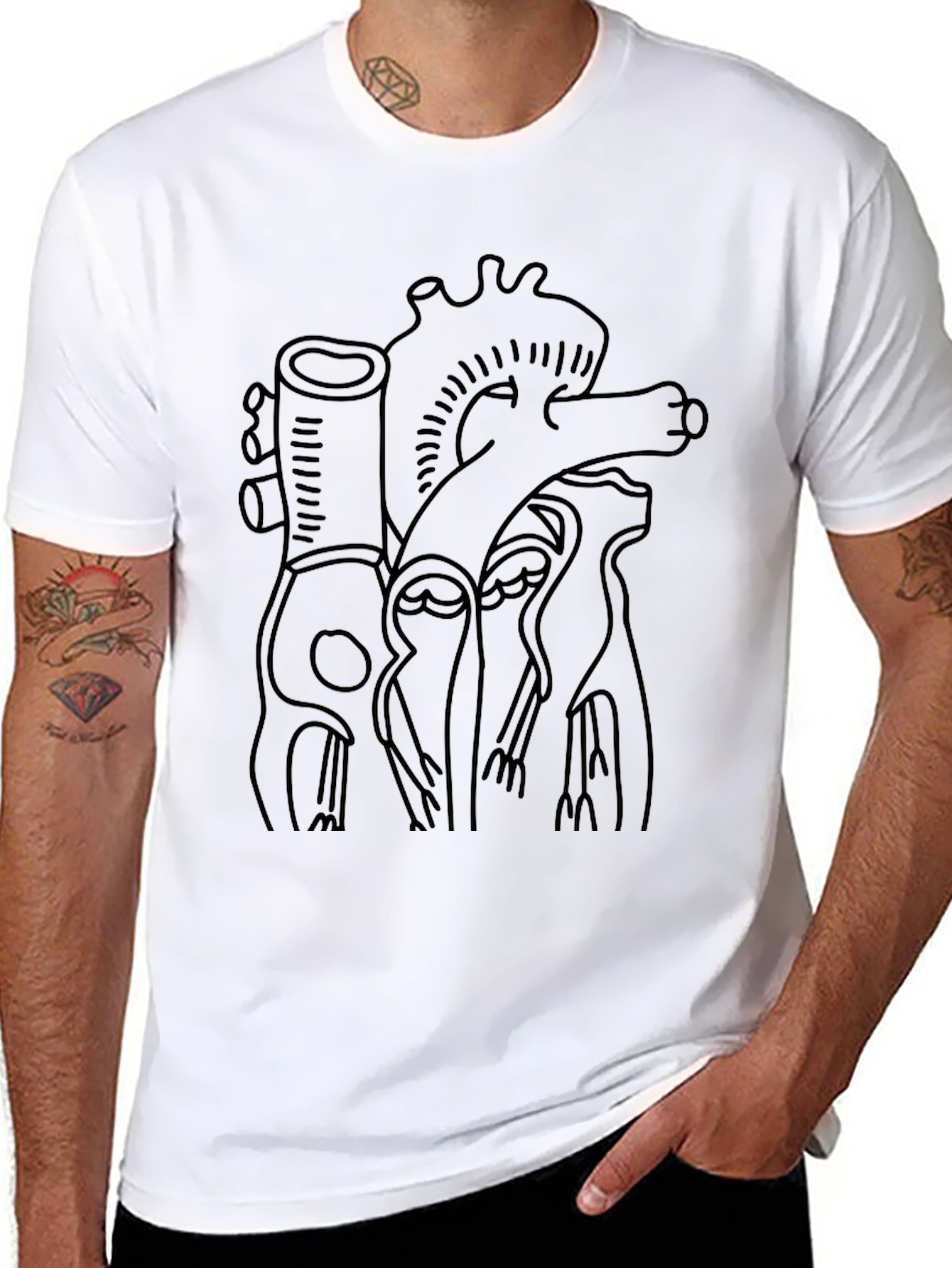 Black Anatomical Heart Line Art Black T-Shirt view 8