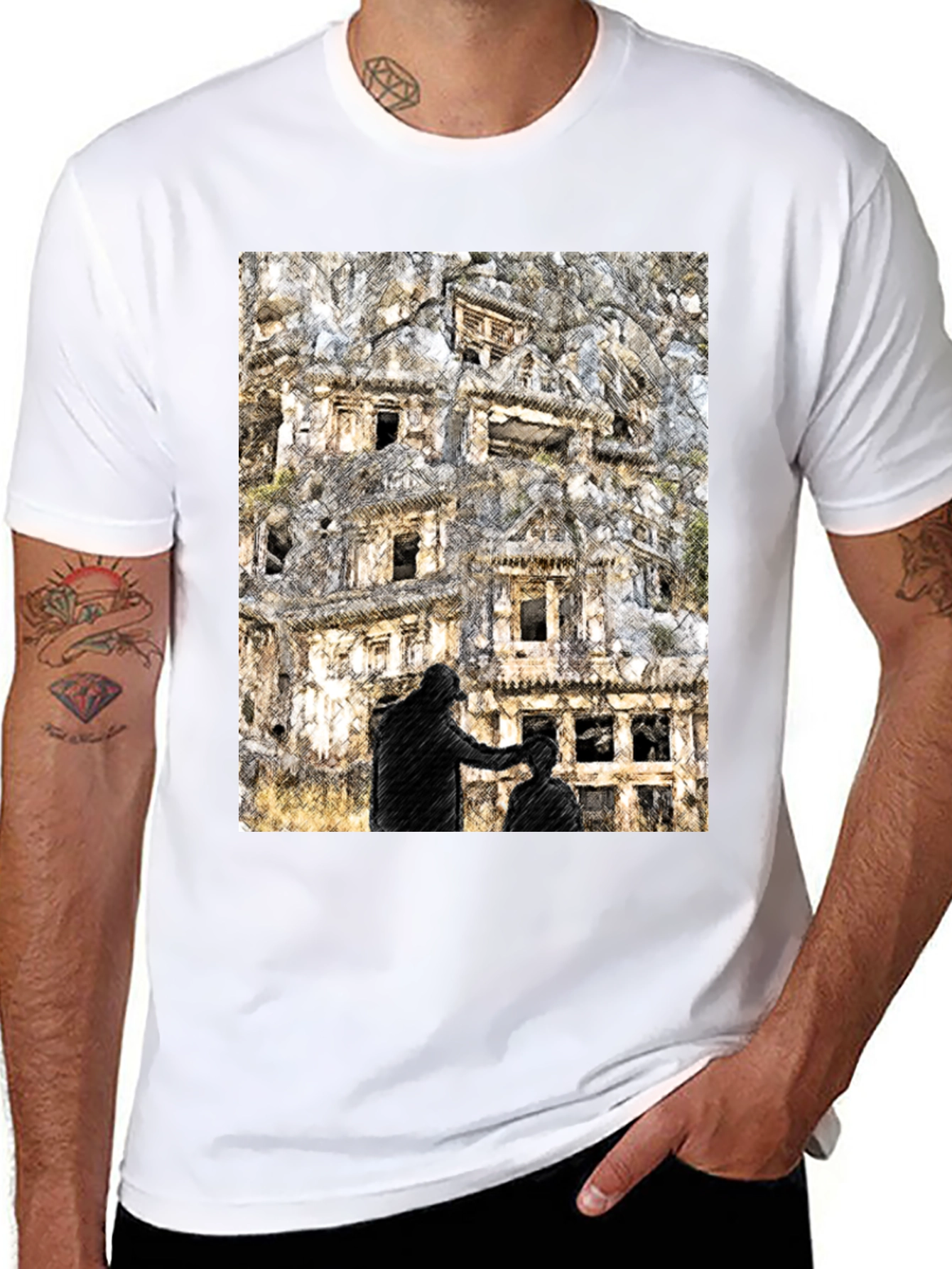 Black Urban Sketch Tee: Barber Shop Graphic Print view 8