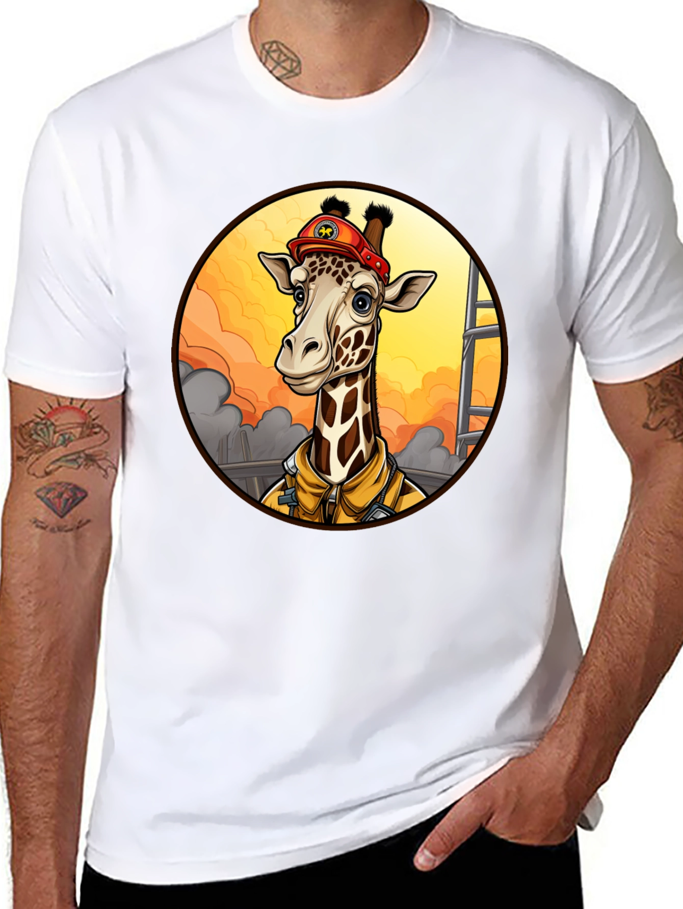 Black Giraffe Firefighter T-Shirt - Unique Cartoon Design view 8