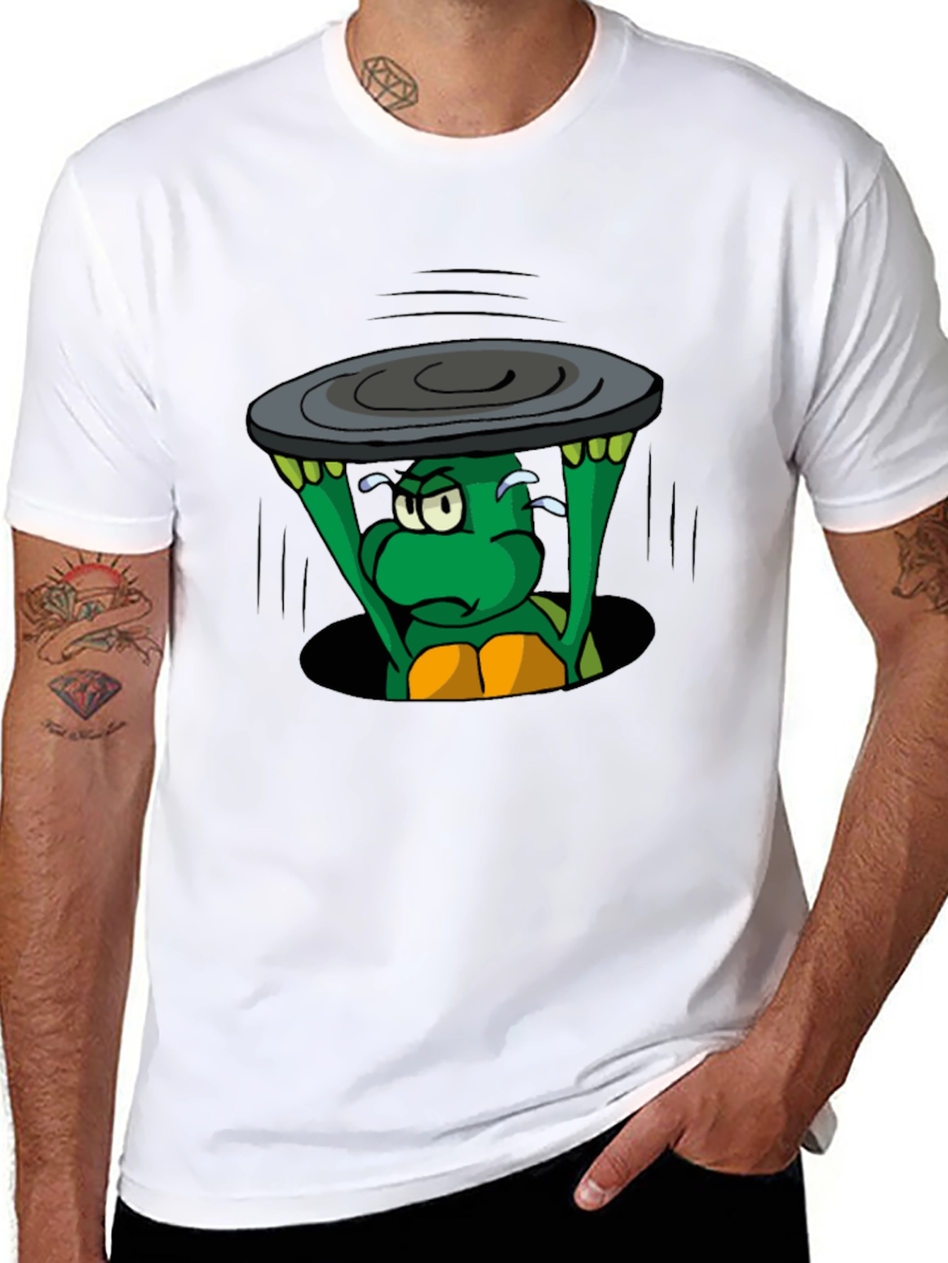 Black Cartoon Turtle Lifting Manhole Cover Black T-Shirt view 8