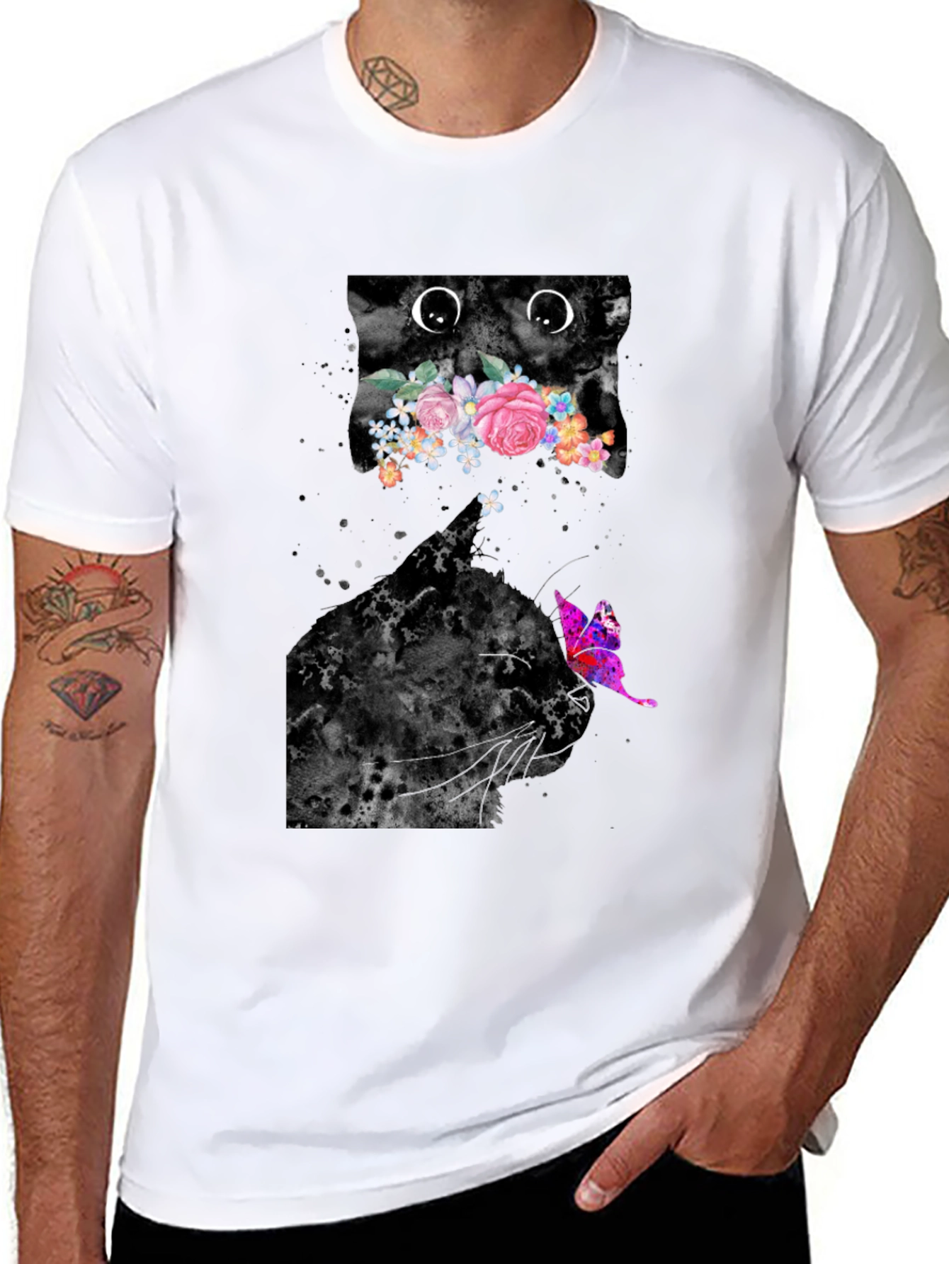 Black Floral Cat Graphic Tee - Trendy Men's Black T-Shirt view 8