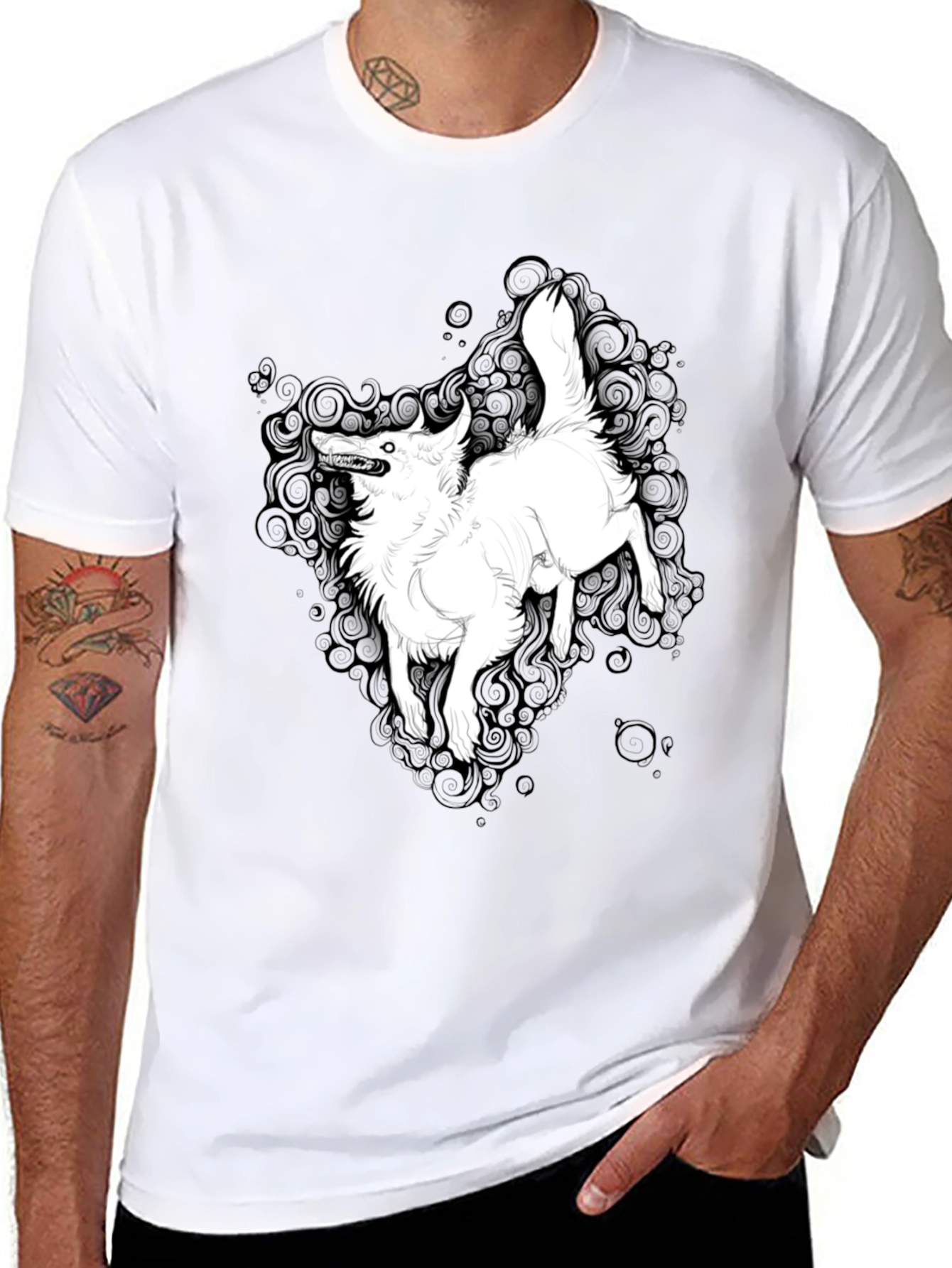 Black Black Graphic Tee - White Wolf Print view 8