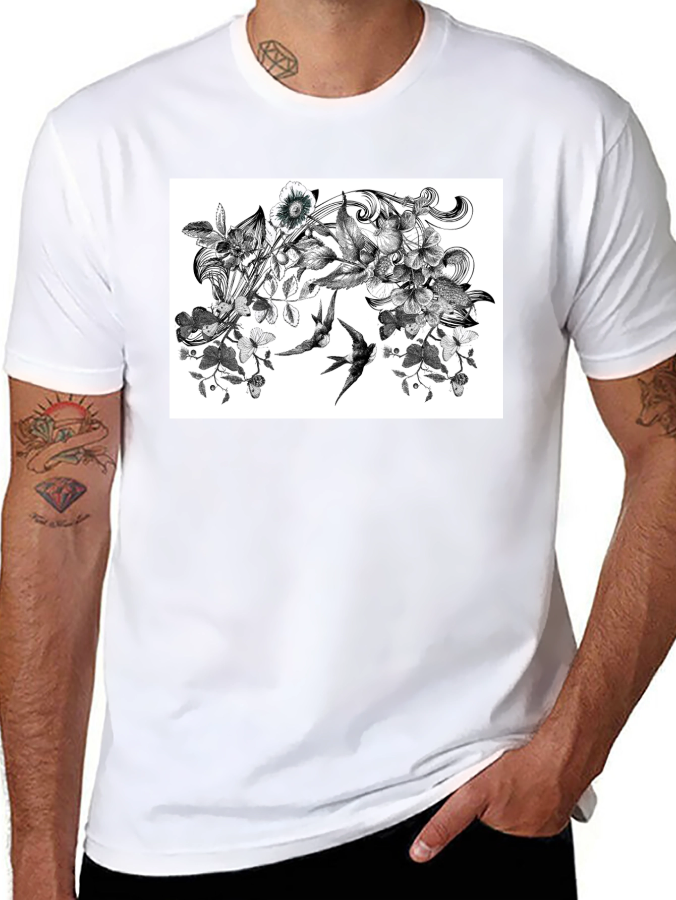 Black Botanical Swallow T-Shirt - Artistic Black Tee view 8