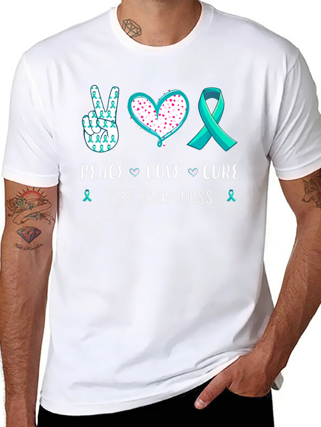 Black PCOS Awareness Peace Love Cure T-Shirt view 8
