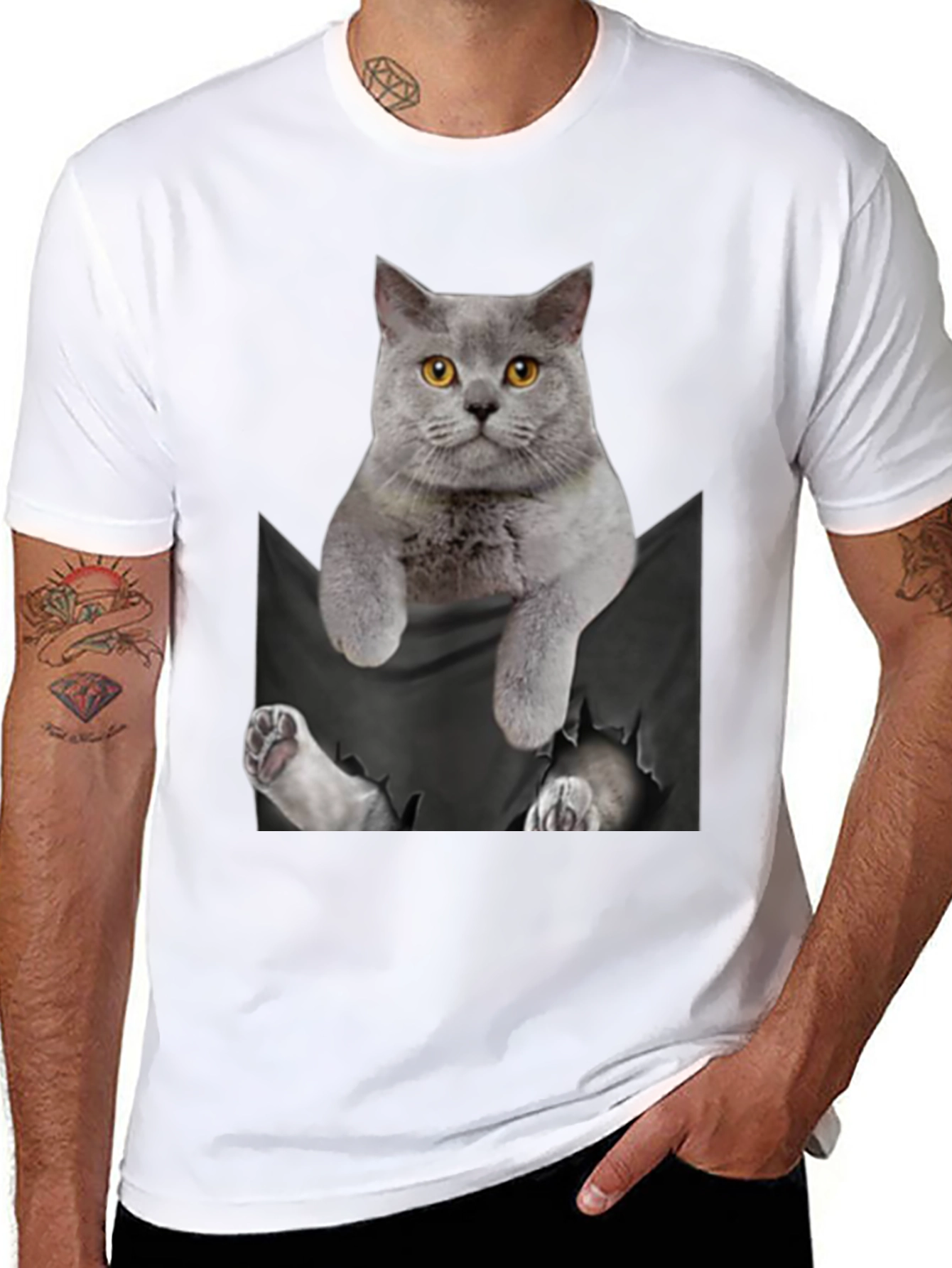 Black Cat Pocket T-Shirt: Hilarious Kitten Peek! view 8