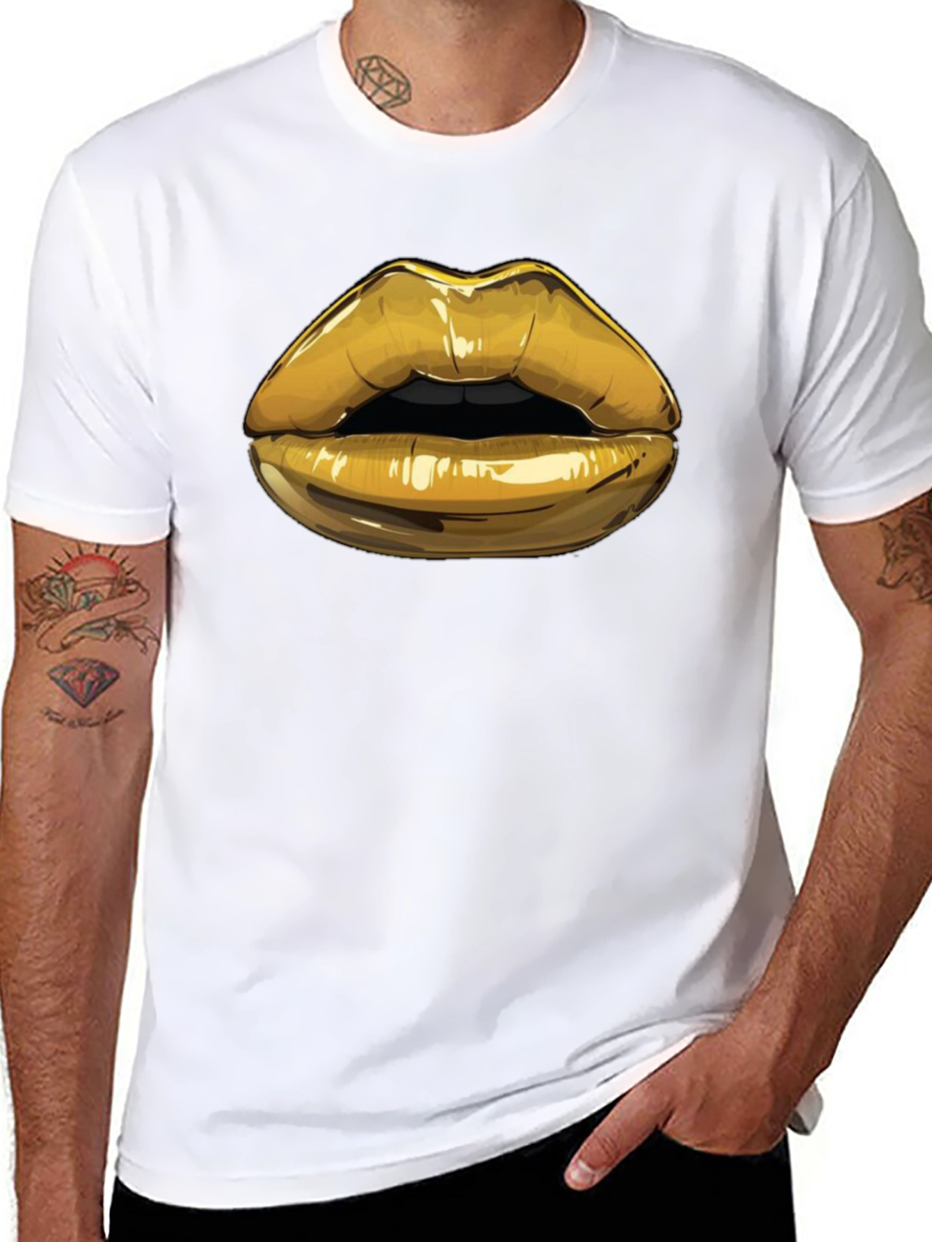 Black Golden Lips Graphic Tee - Stylish Black Cotton Blend Shirt view 8
