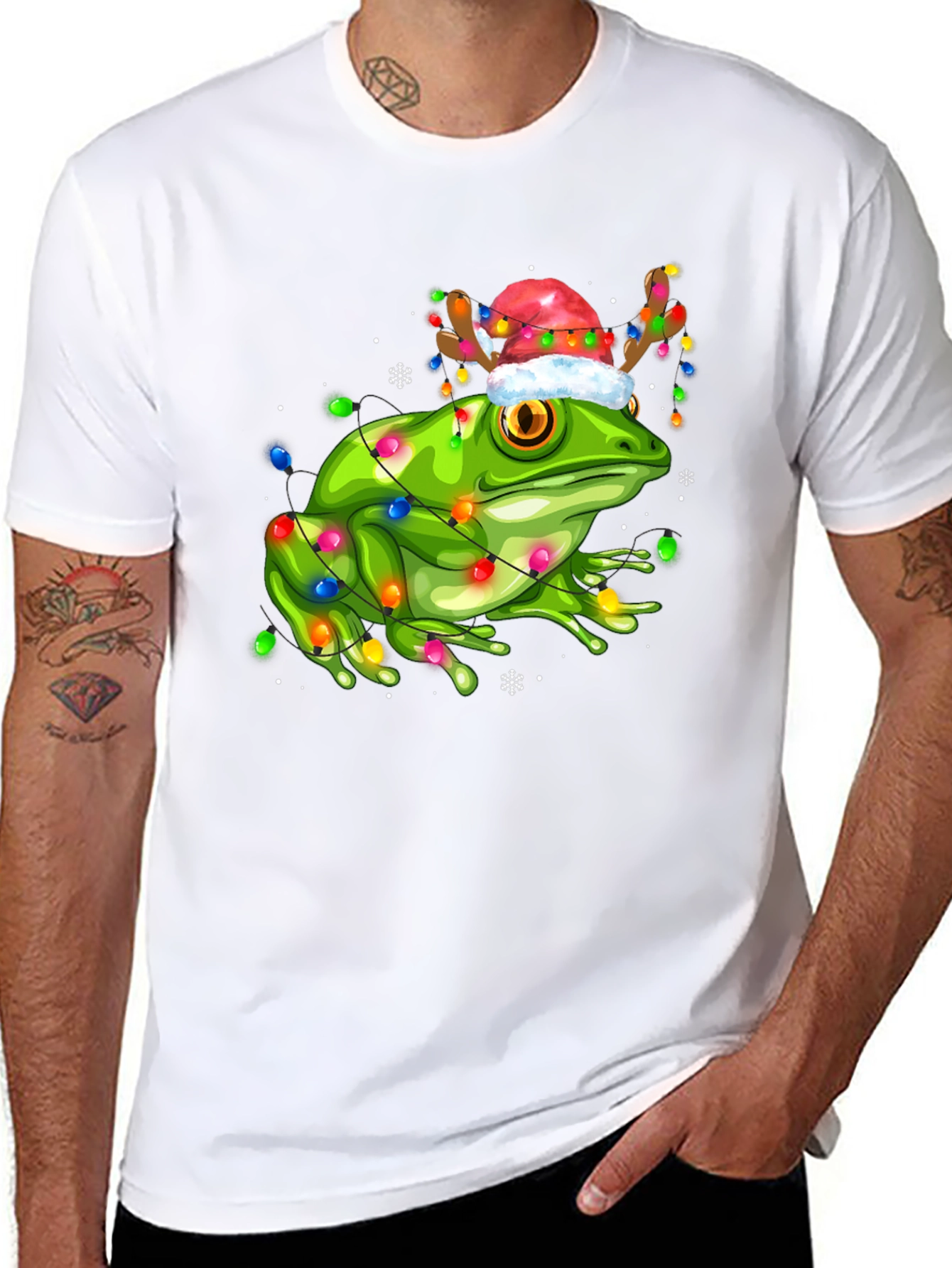 Black Festive Frog Tee: Christmas Lights & Reindeer Hat view 8