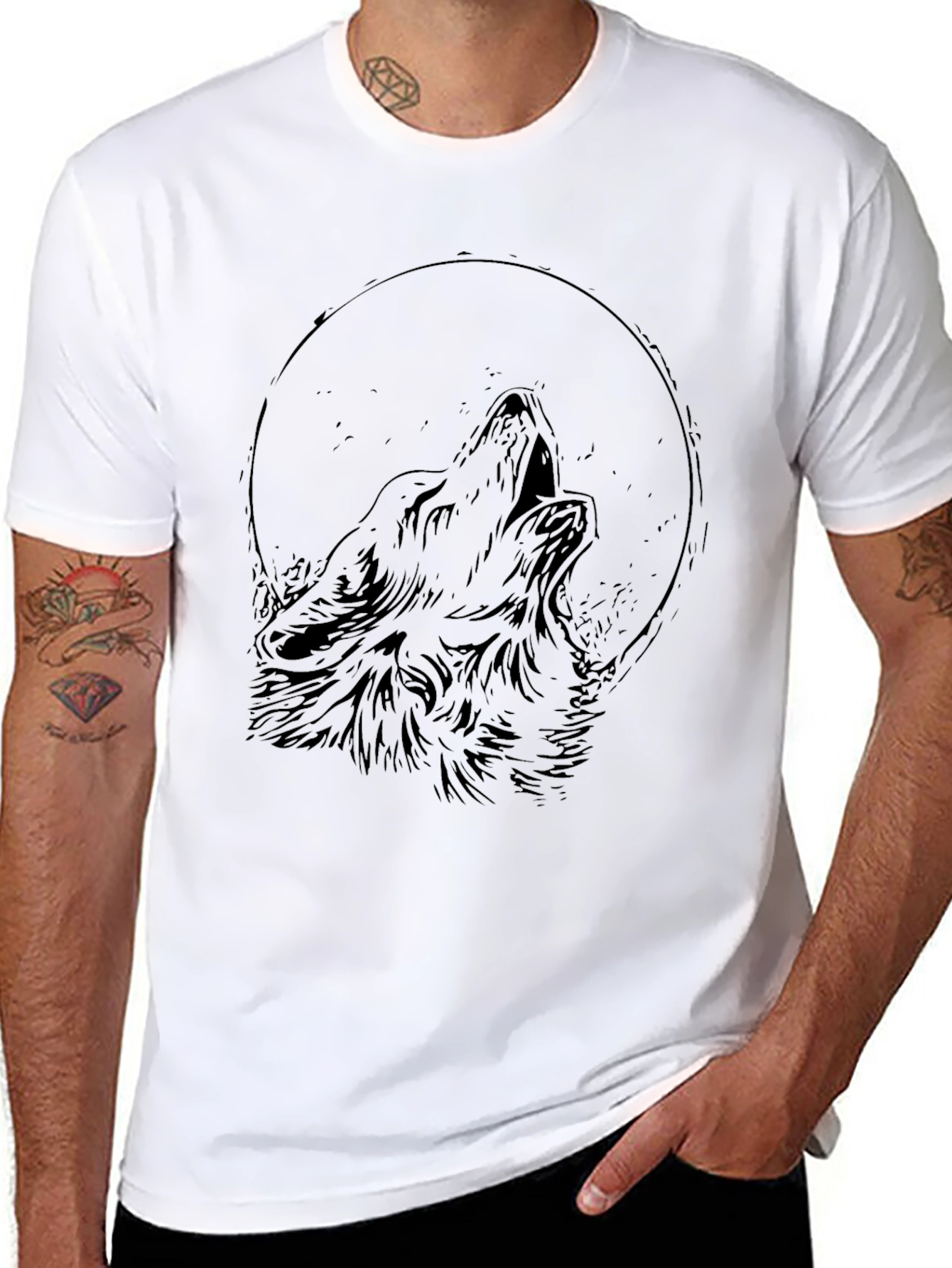 Black Wolf Howling Moon Graphic Black T-Shirt view 8