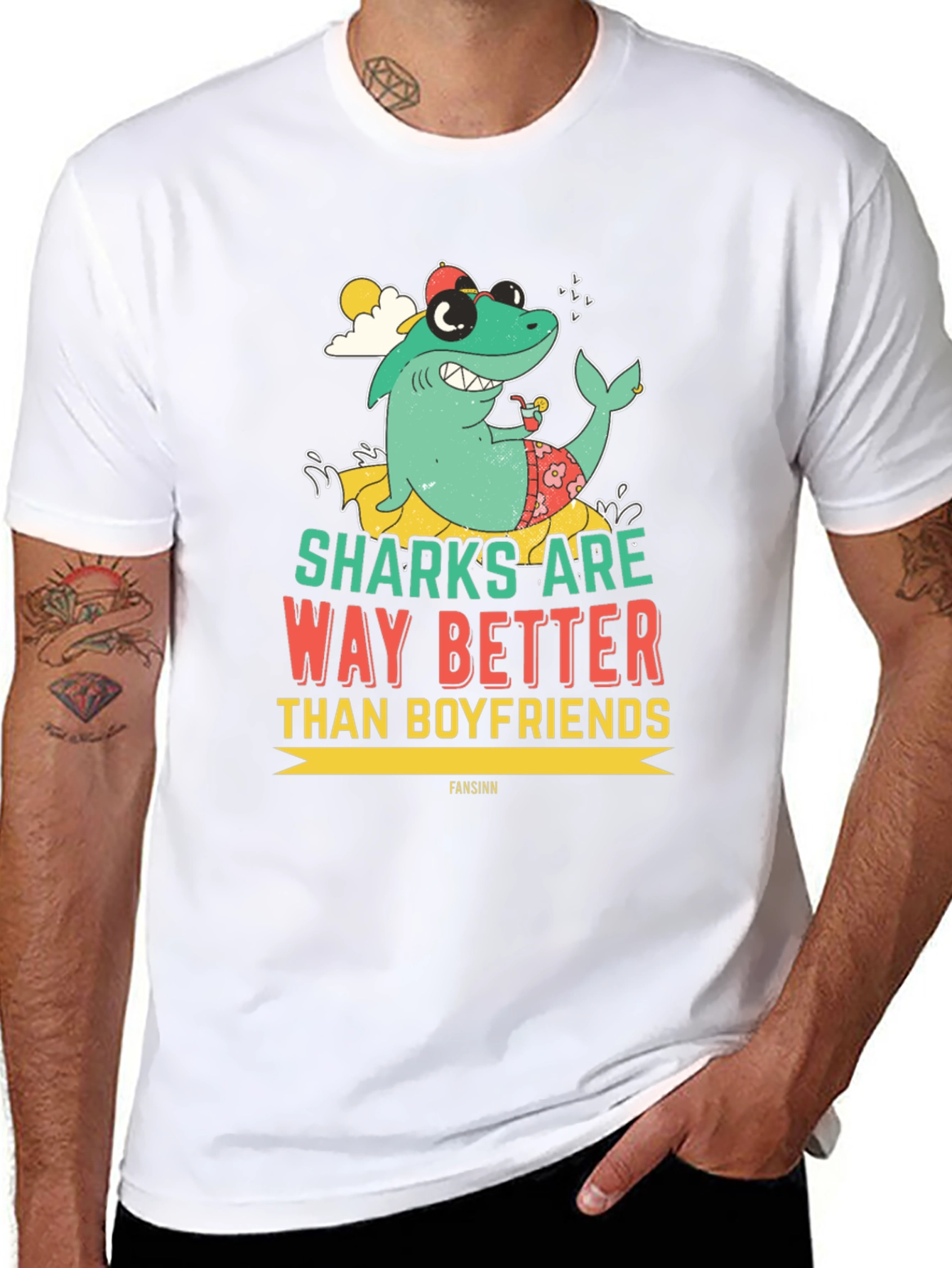 Black Funny Shark Graphic Novelty Men's T-Shirt view 8