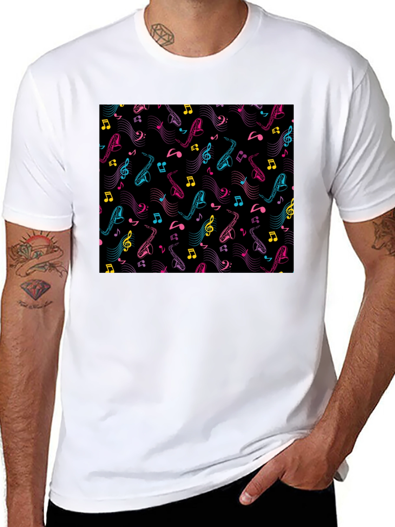Black Musical Saxophone Pattern T-Shirt - Black view 8
