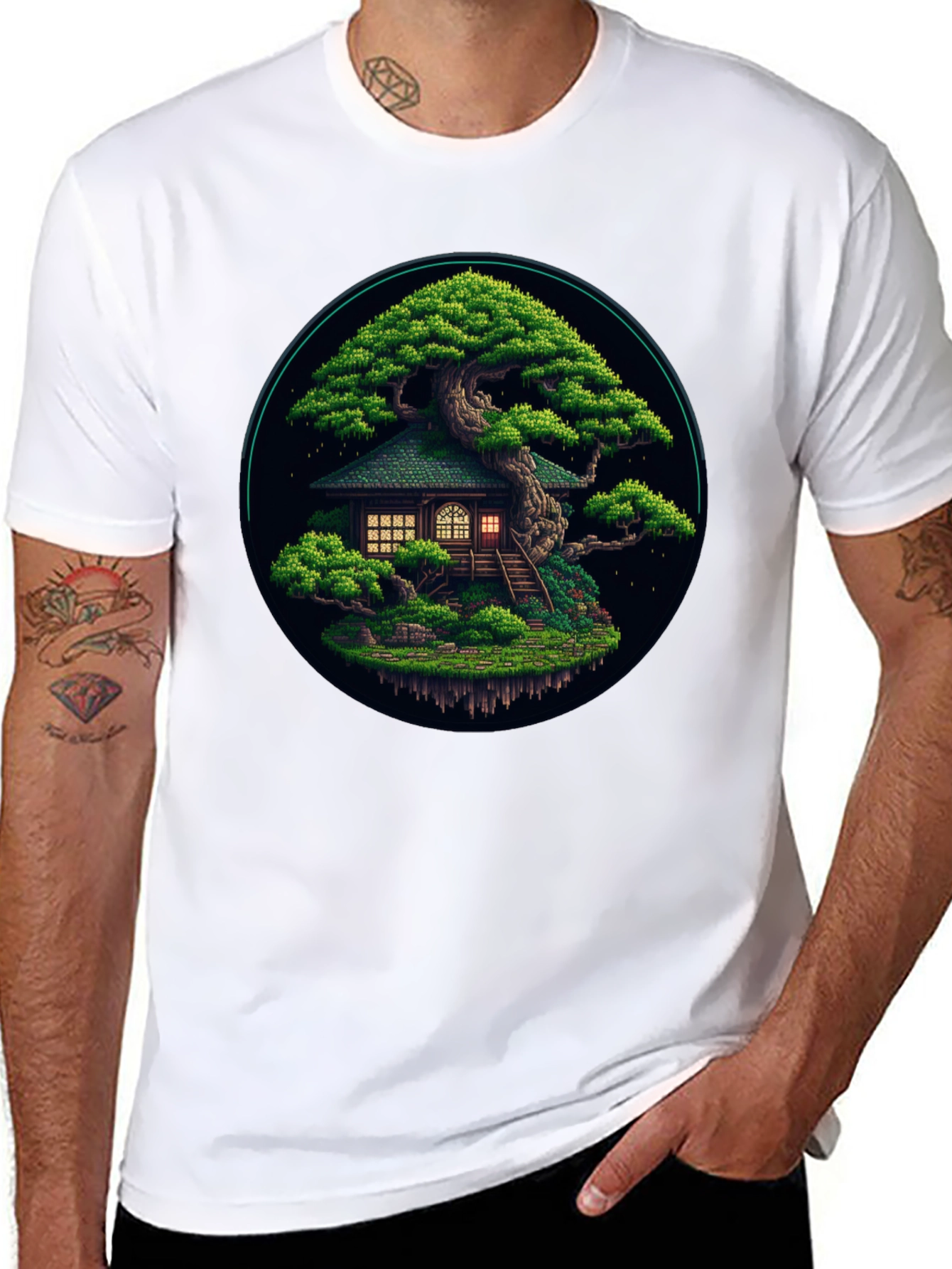 Black Pixel Art Bonsai Tree House Black T-Shirt view 8