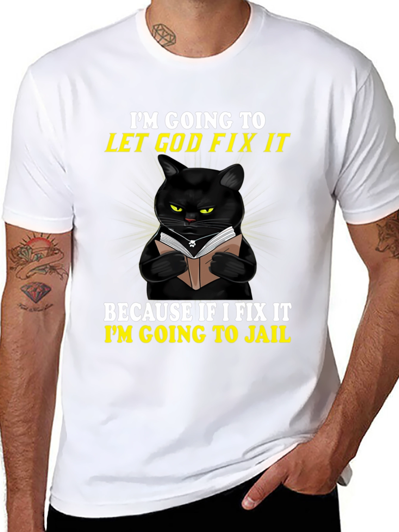 Black Funny Cat T-Shirt: Let God Fix It - Jail Humor view 8