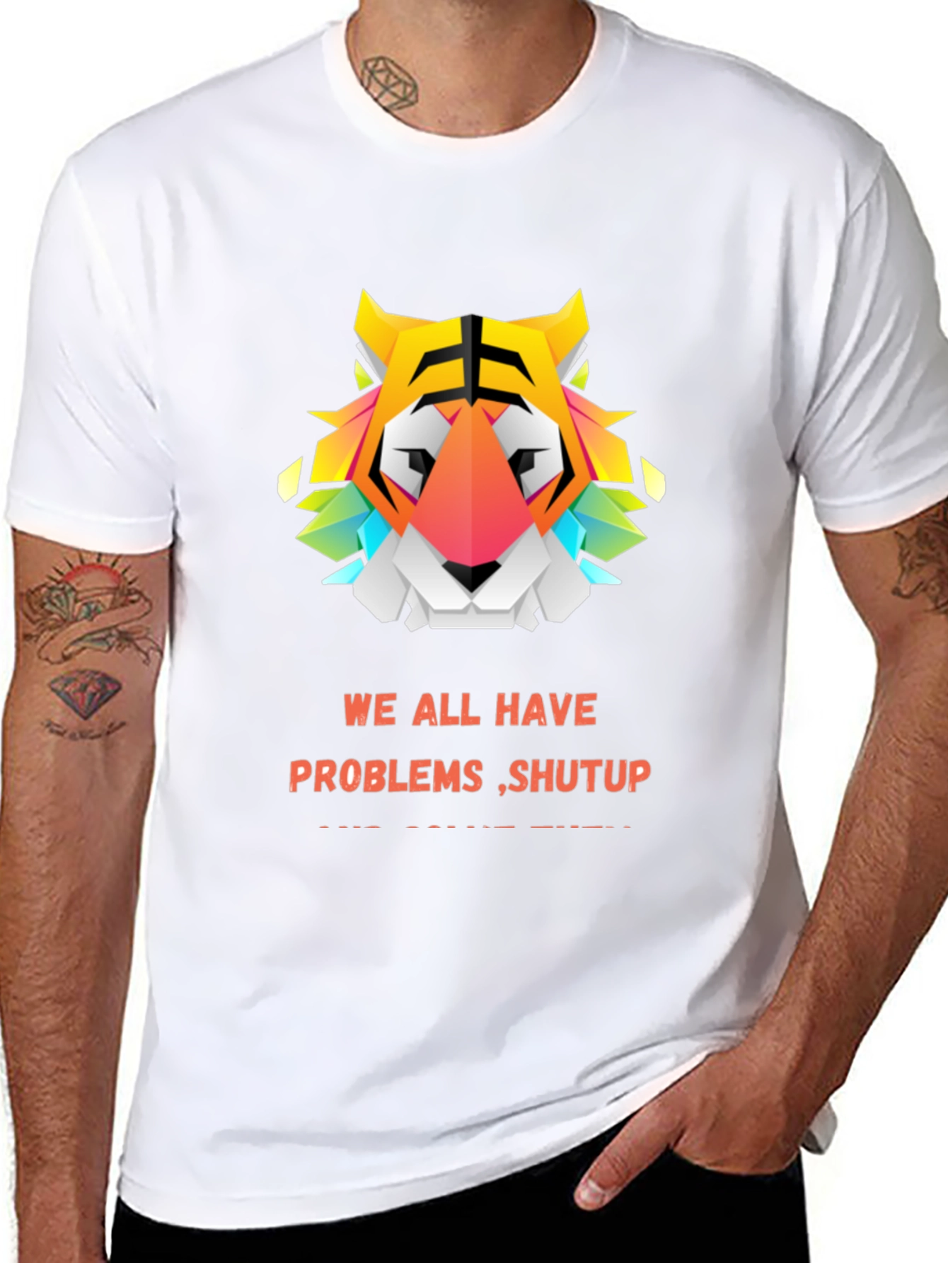 Black Geometric Tiger Graphic Tee - "We All Have Problems Shut Up" view 8