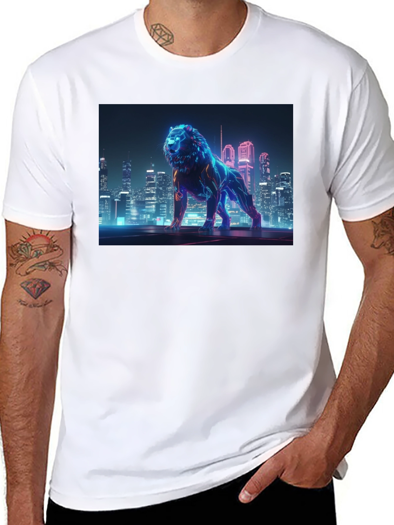 Black Neon Lion Cityscape Graphic Black Tee view 8