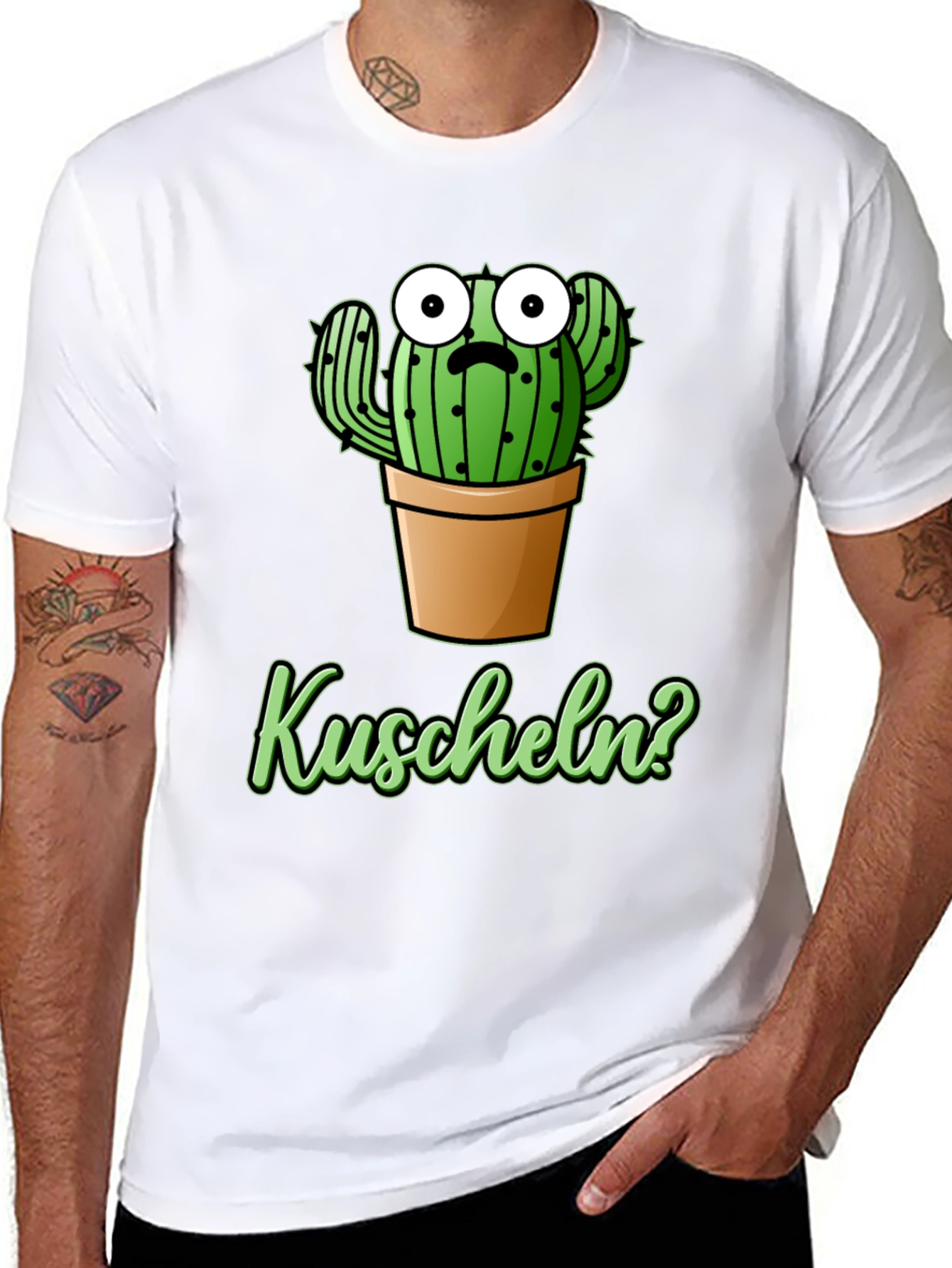 Black Cactus 'Kuscheln?' Black Graphic T-Shirt view 8