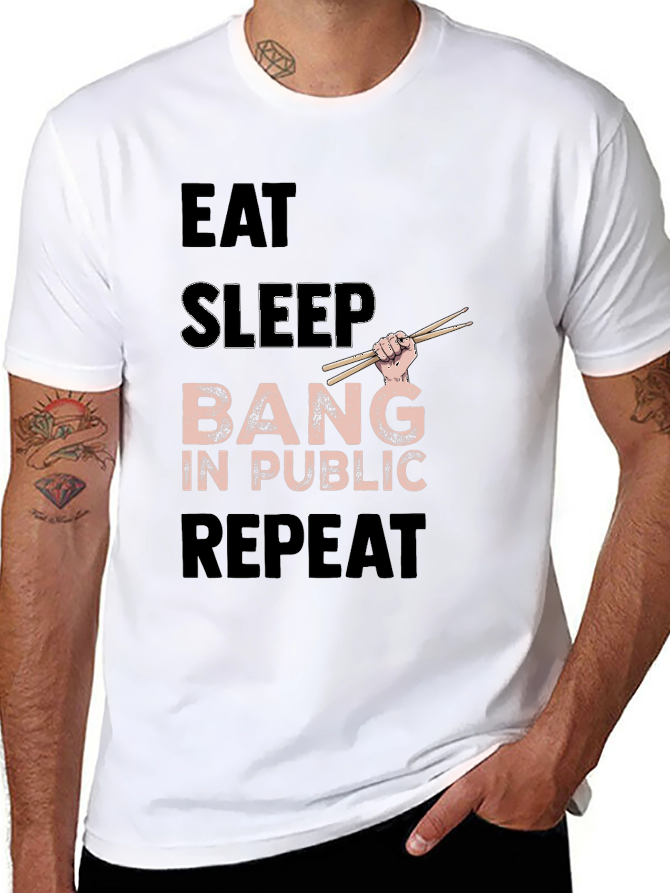 Black Eat Sleep Bang in Public Repeat Funny Drummer T-Shirt view 8