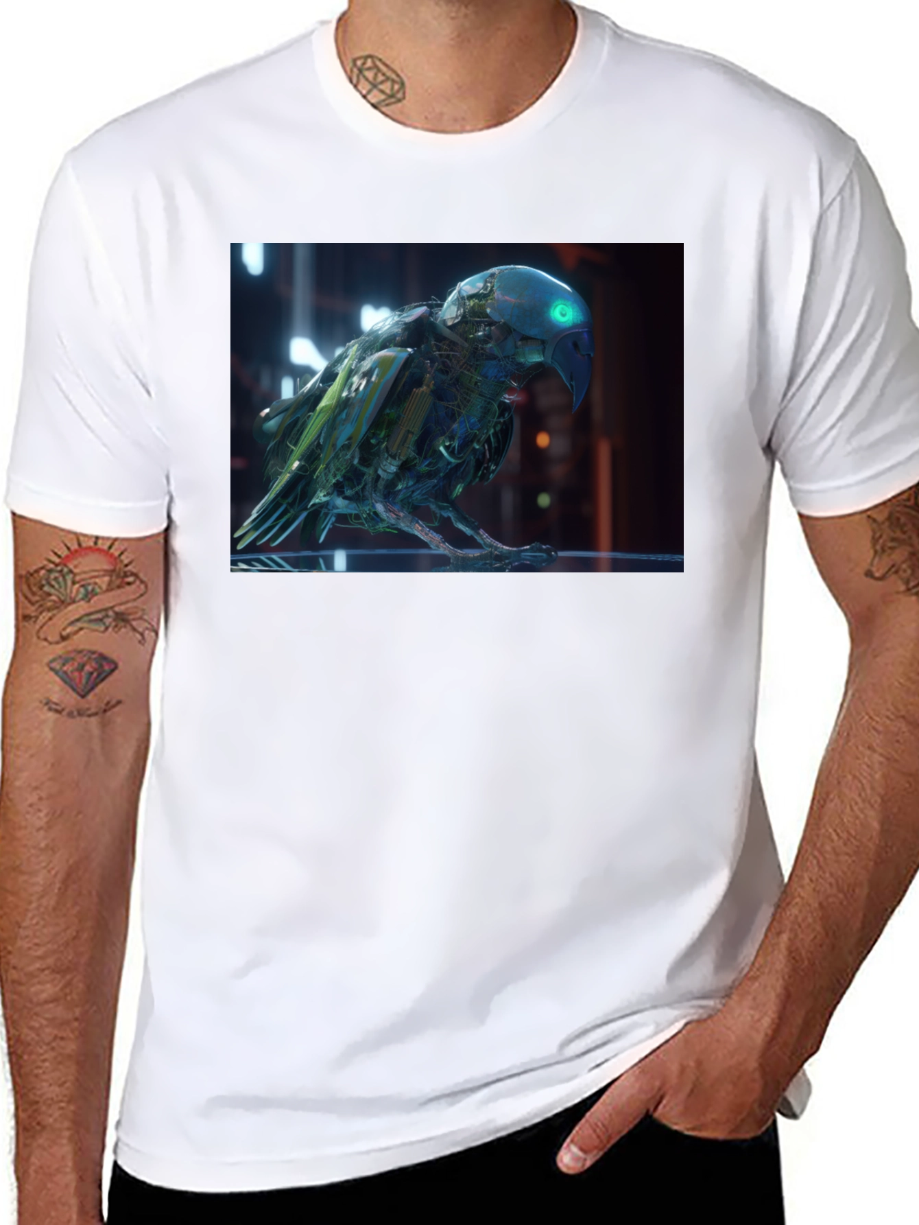 Black Cybernetic Parrot Graphic T-Shirt view 8