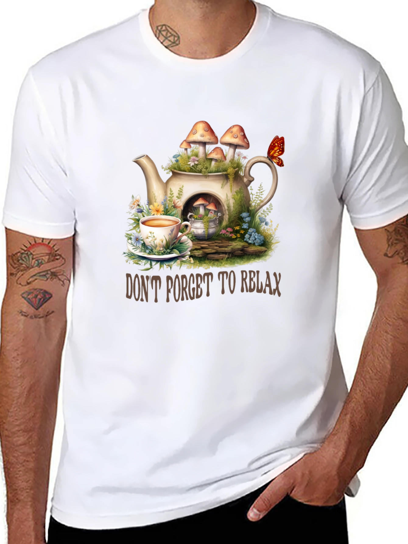 Black Relaxing Tea Party T-Shirt - Mushroom Teapot Design view 8