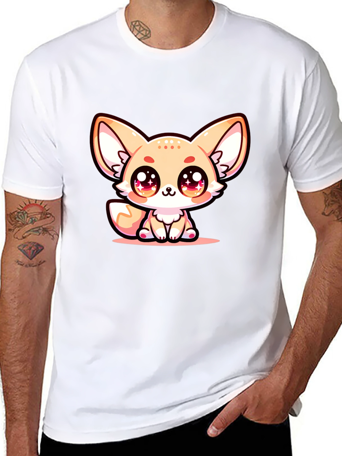 Black Cute Fennec Fox Graphic Tee - Black Cotton Blend view 8