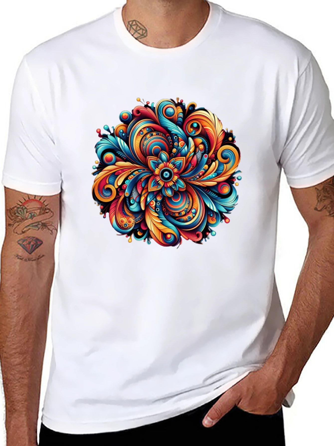 Black Vibrant Floral Mandala Graphic Tee - Black Cotton Comfort view 8