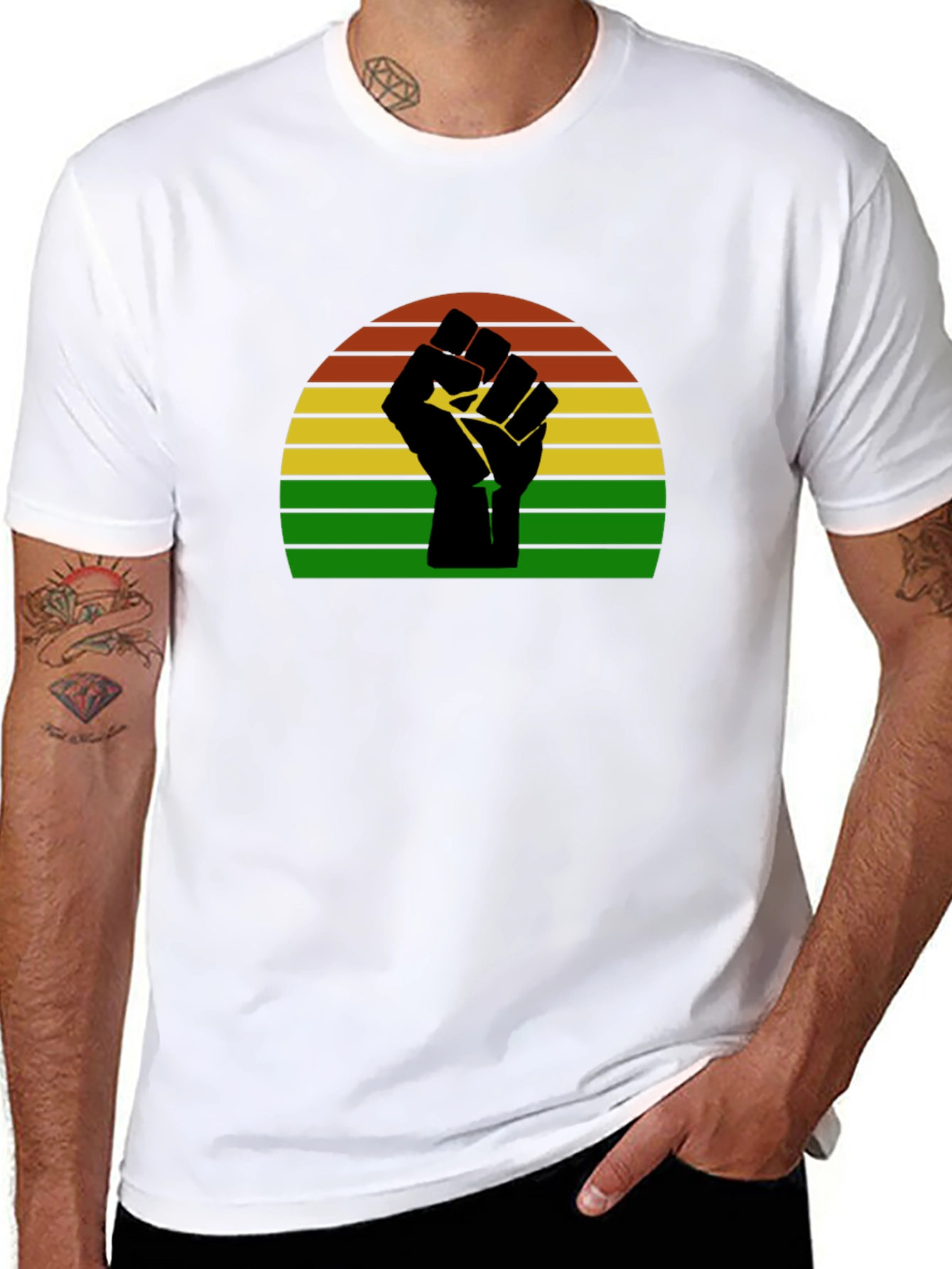 Black Black Power Fist T-Shirt - Retro Sunset Design view 8