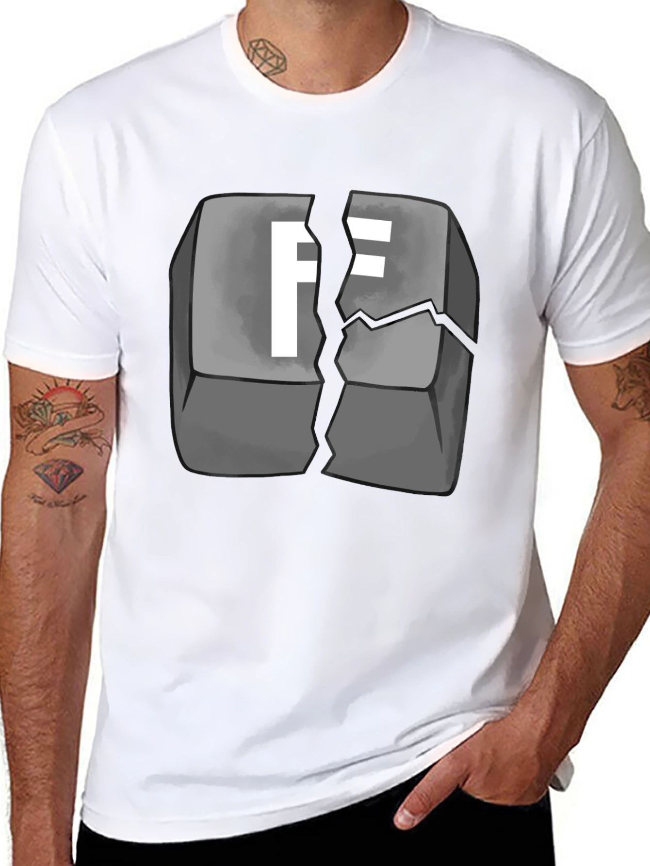 Black Cracked Keyboard Key F Graphic T-Shirt view 8