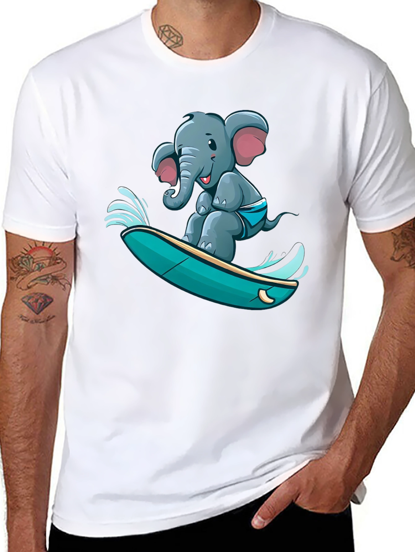 Black Surfing Elephant T-Shirt - Unique Cartoon Design view 8
