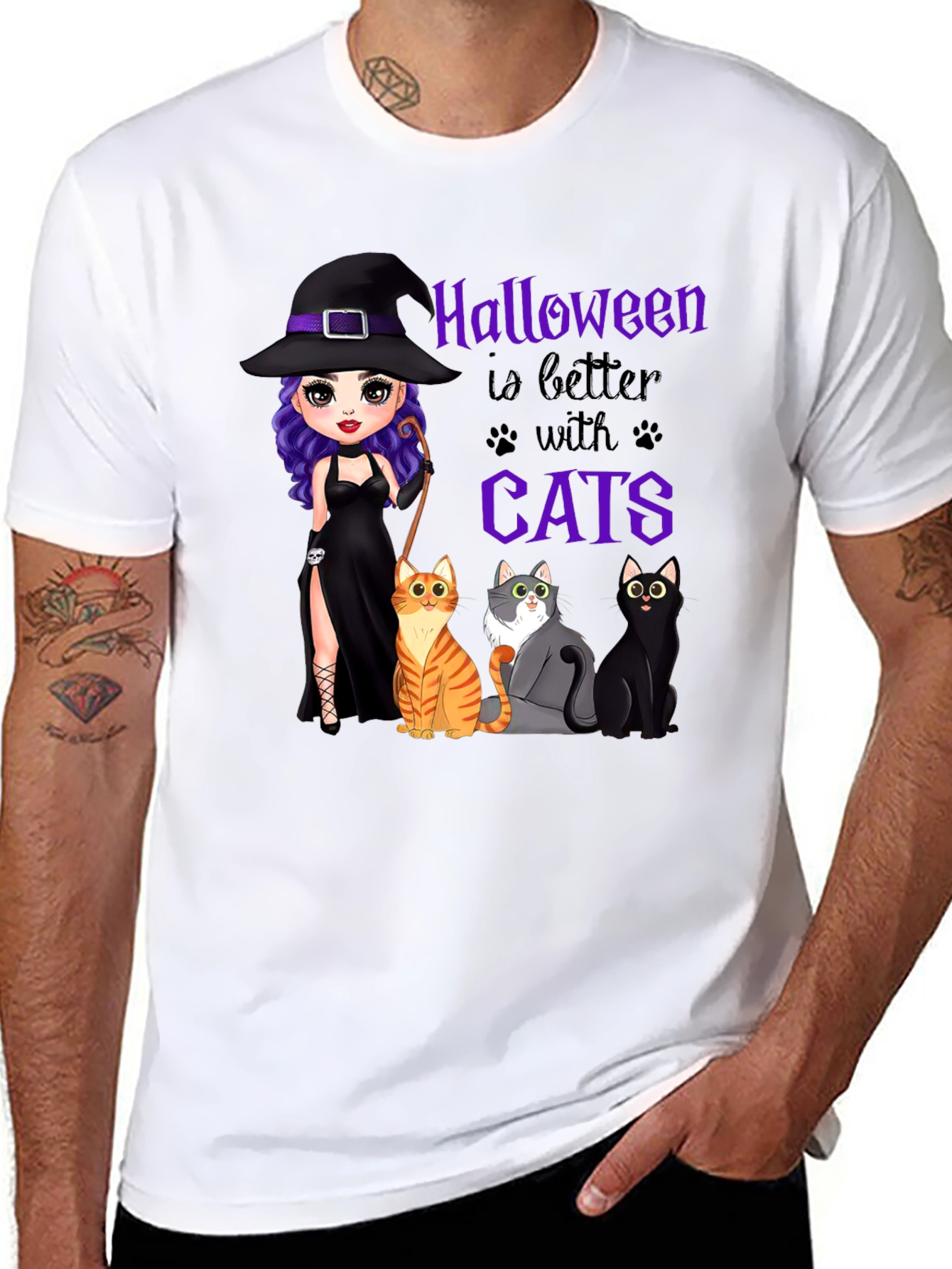 Black Halloween Witch and Cats T-Shirt view 8