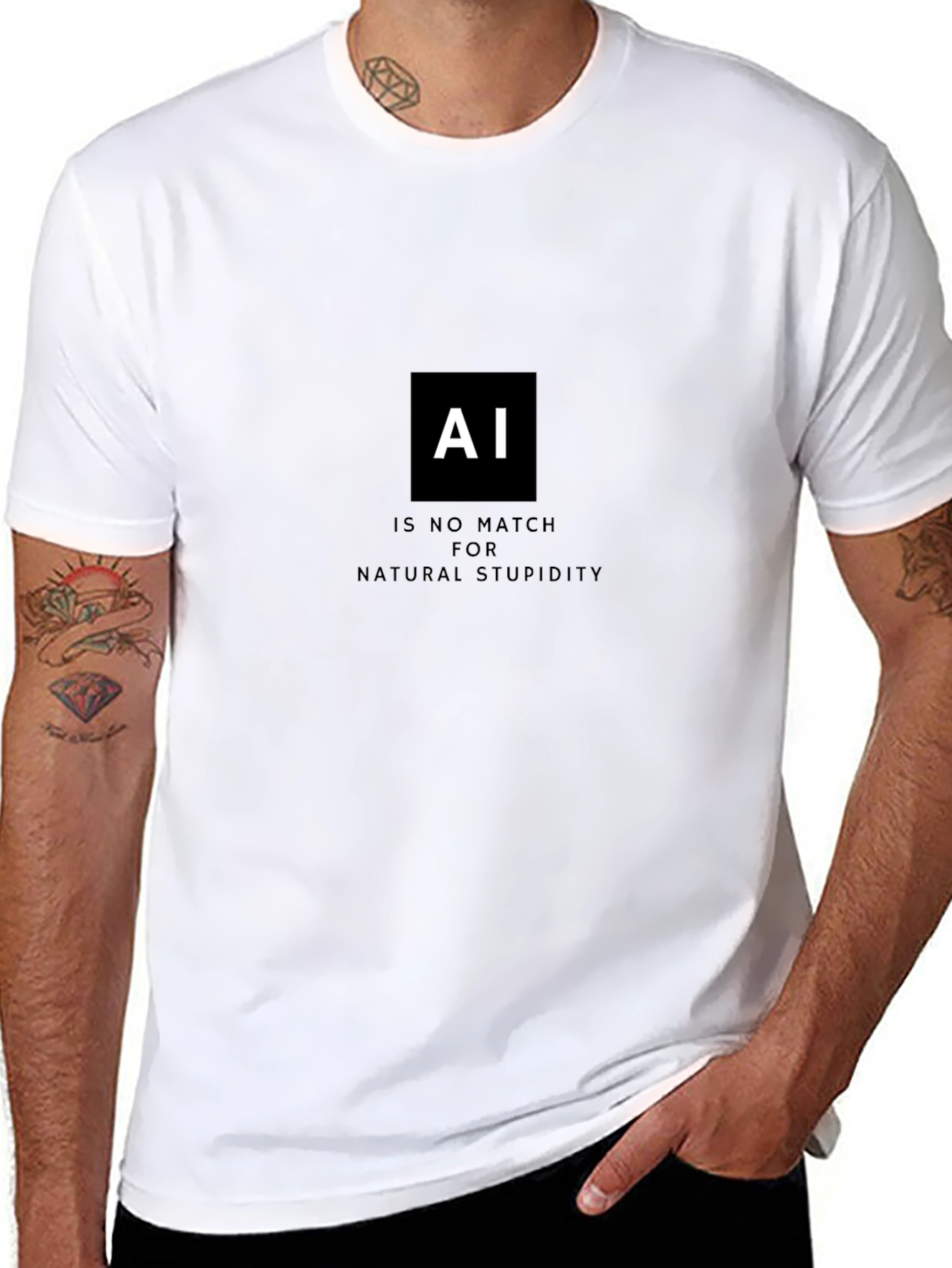 Black AI vs. Natural Stupidity T-Shirt - Black Cotton Tee view 8