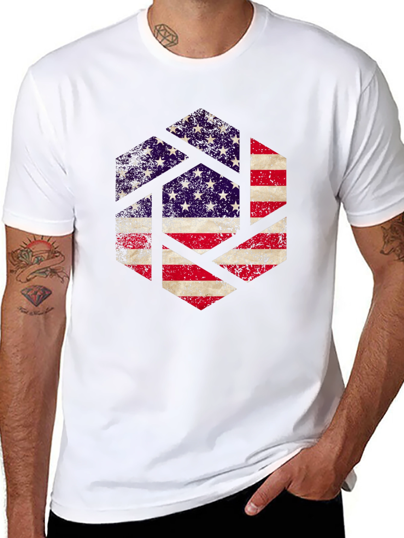 Black American Flag Hexagon Graphic Tee - Patriotic Design view 8
