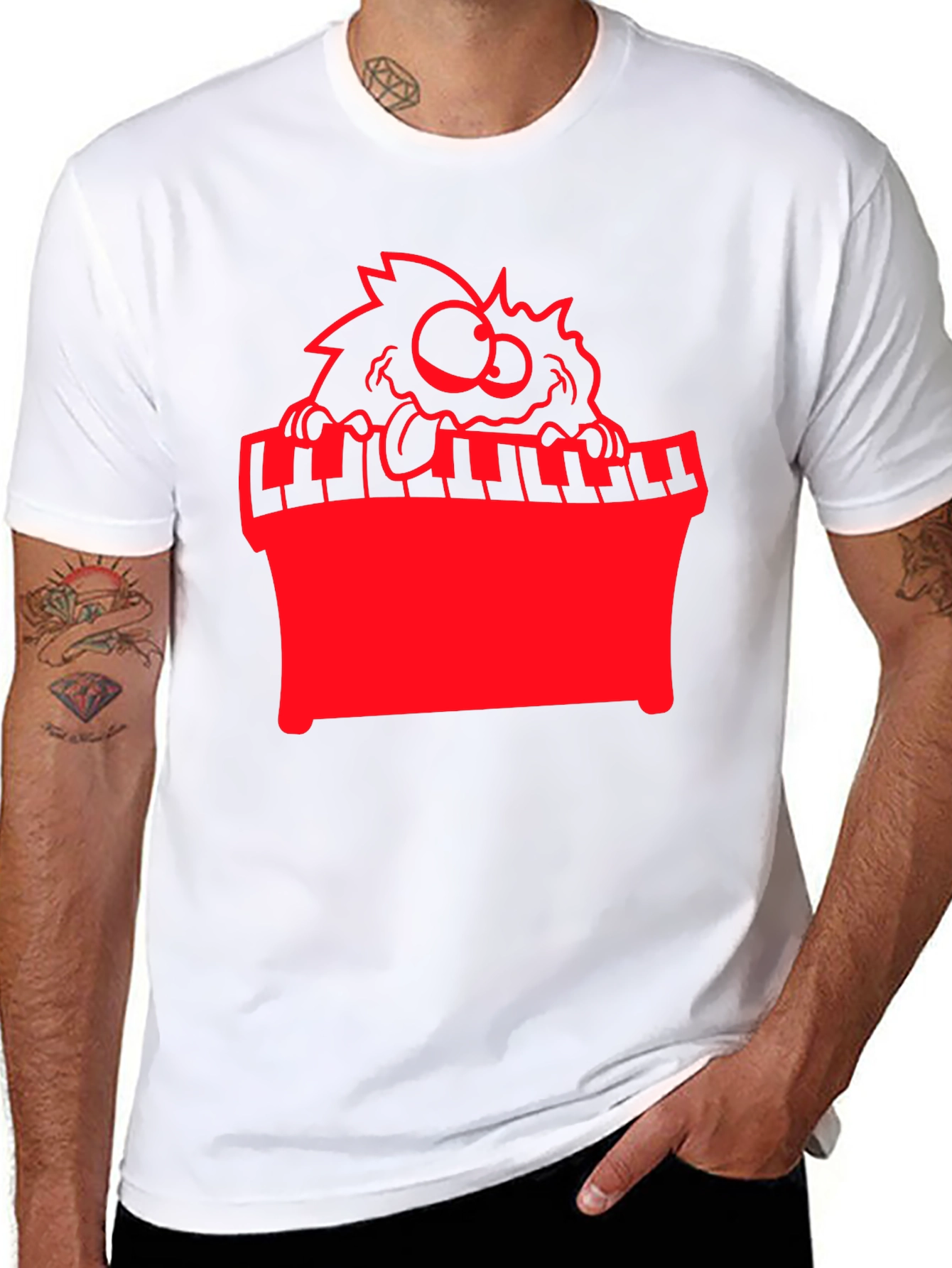 Black Funny Monster Playing Piano Graphic Tee view 8
