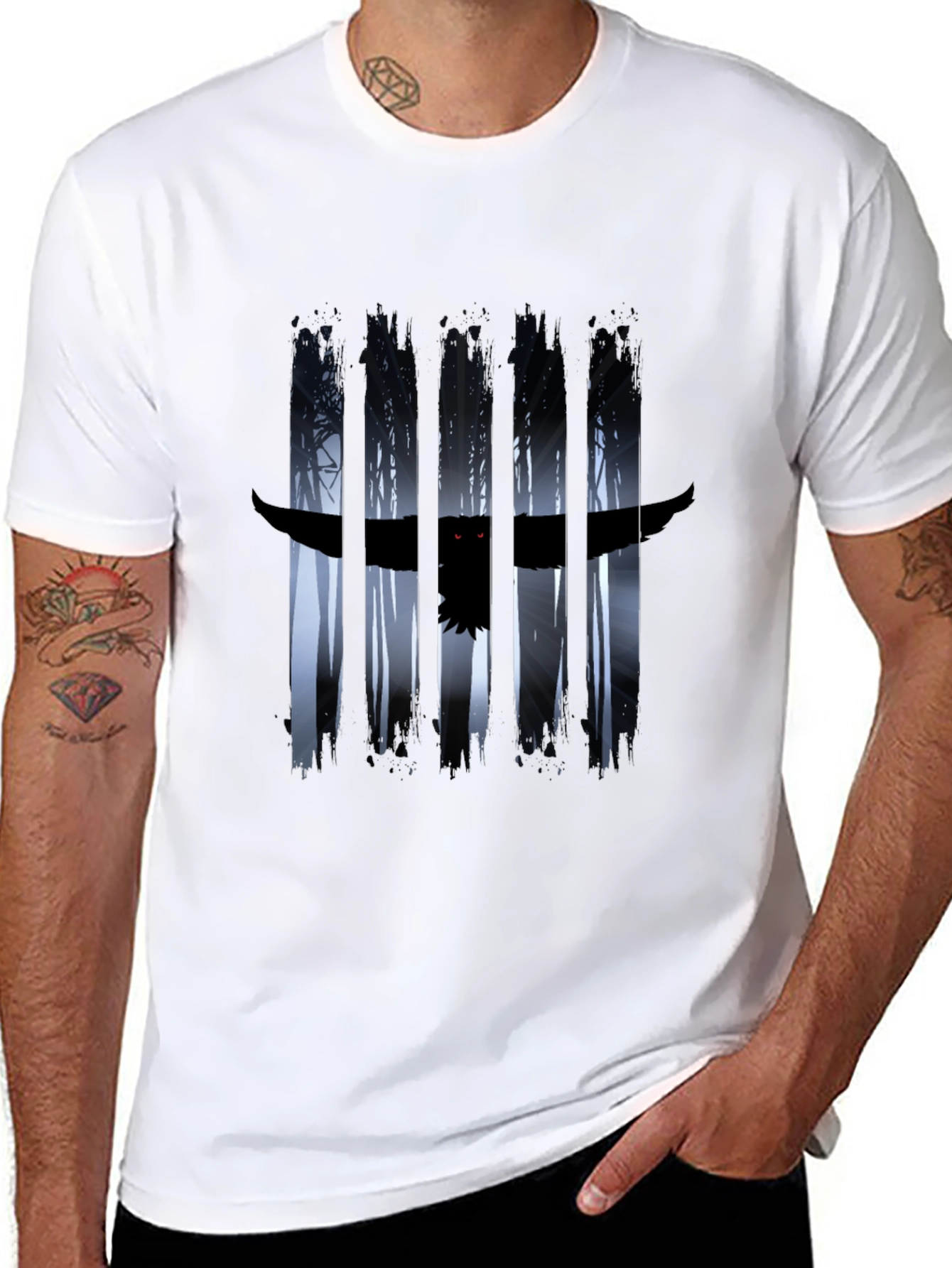 Black Owl Forest Graphic Black T-Shirt view 8